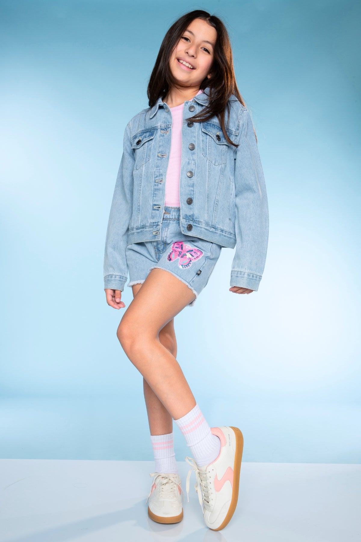 Denim Girlfriend Short - Lt Denim Sequin Butterfly