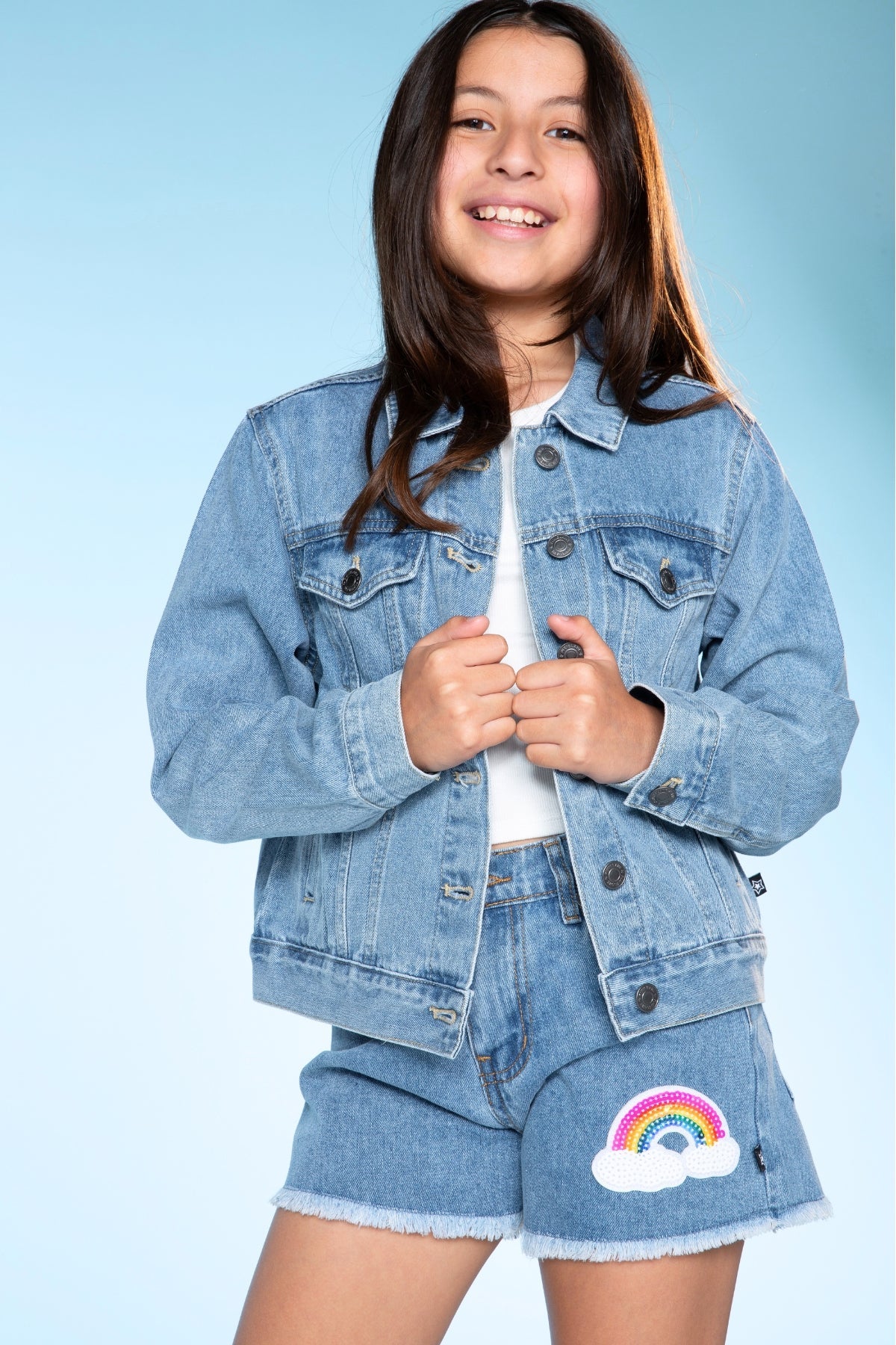Denim Girlfriend Short - Lt Denim Sequin Butterfly