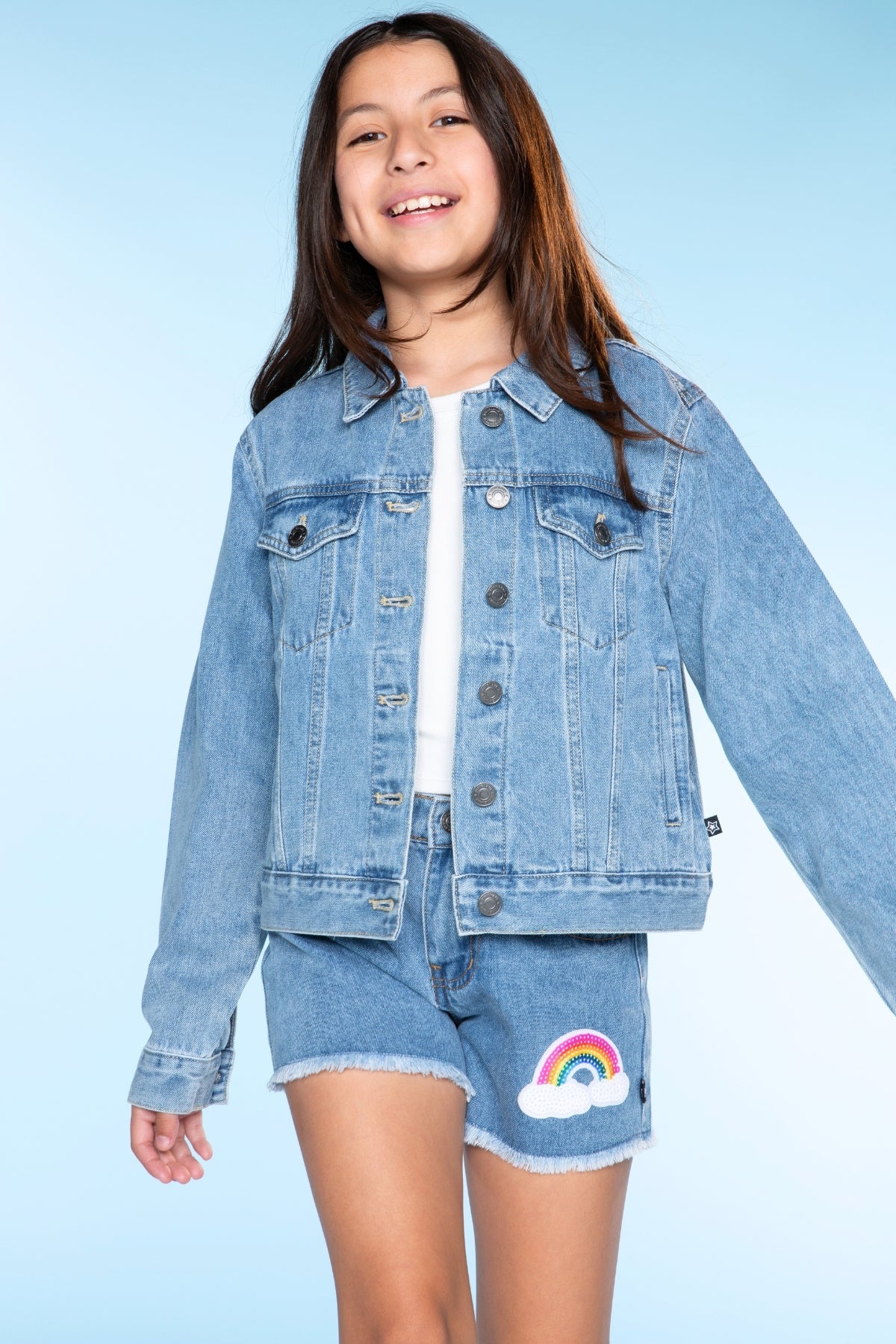 Denim Girlfriend Short - Lt Denim Sequin Butterfly