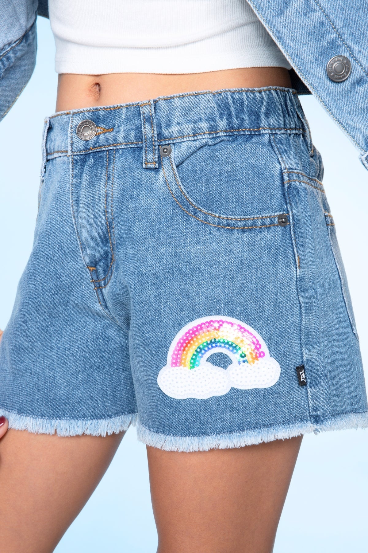 Denim Girlfriend Short - Lt Denim Sequin Butterfly