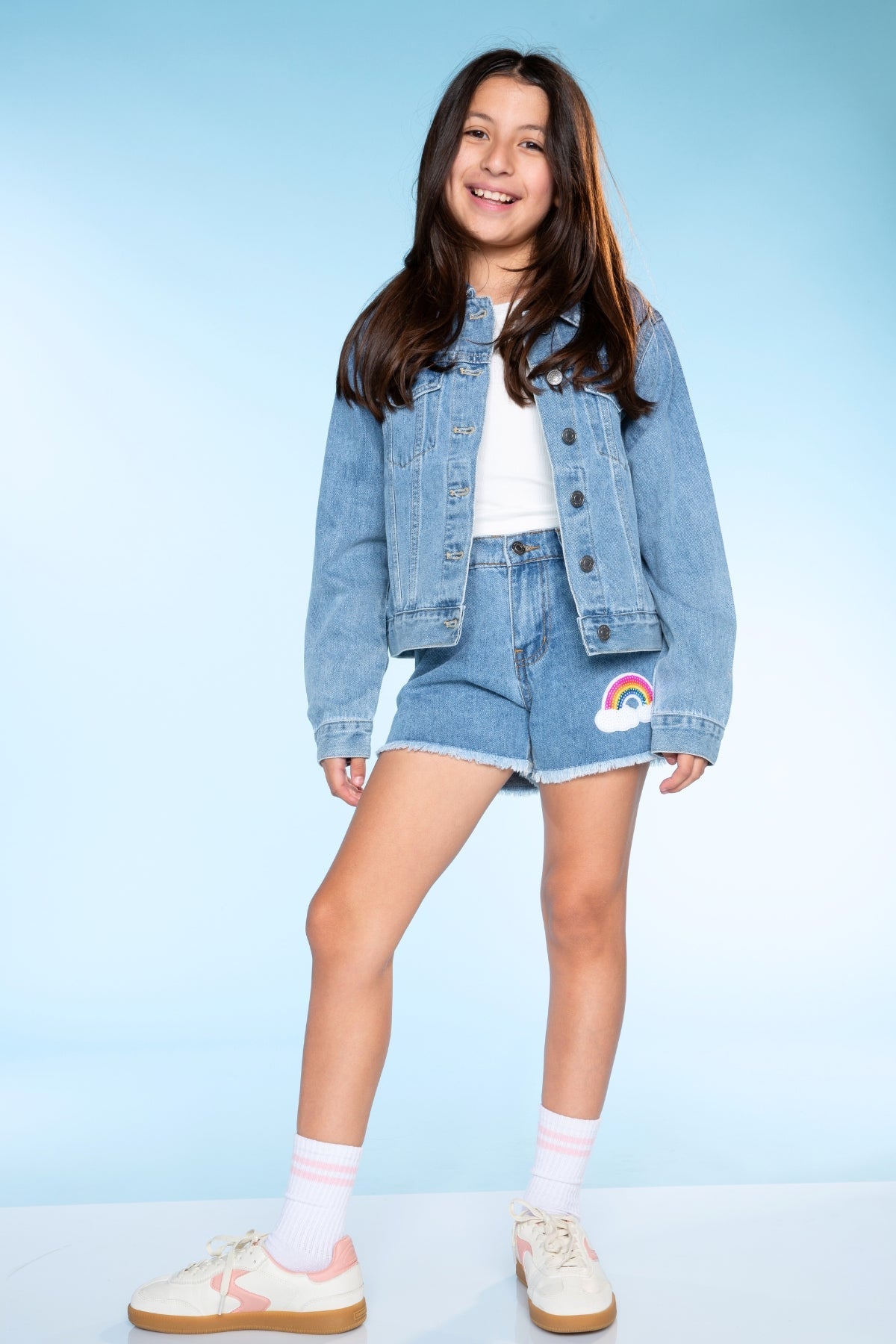 Denim Girlfriend Short - Lt Denim Sequin Butterfly