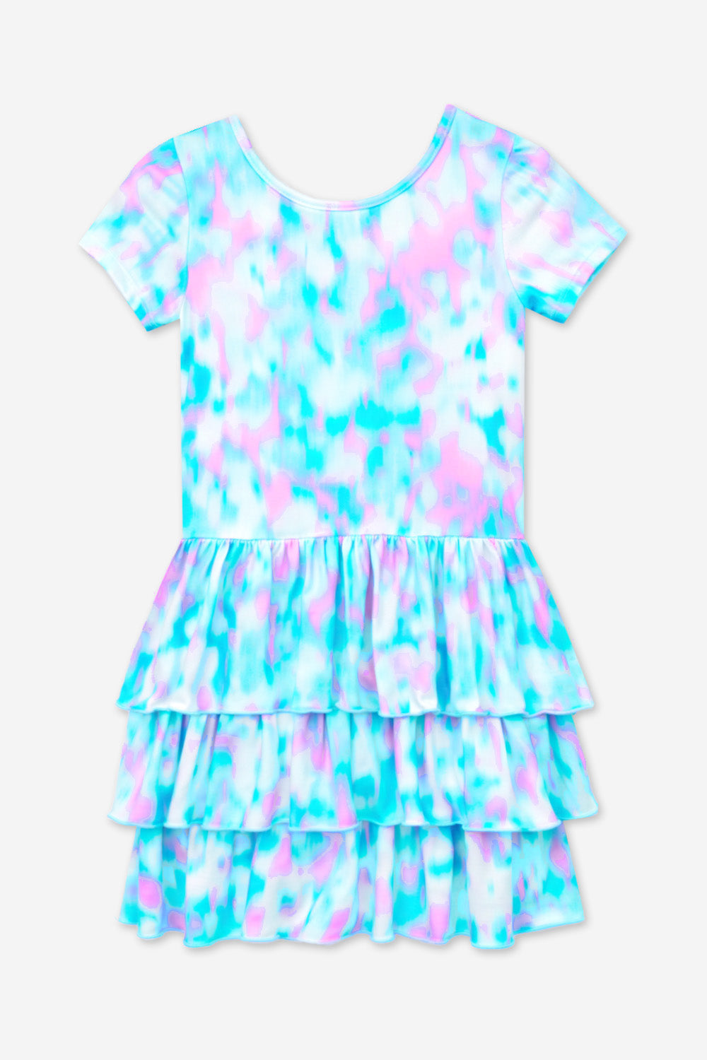 Simply Soft Short Sleeve Triple Ruffle Dress - Lt Blue Neon Pink
