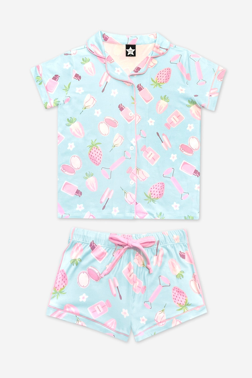 Short Sleeve Simply Soft Button Down Top & Short - Pink Ivory Striped Strawberry - NEW!