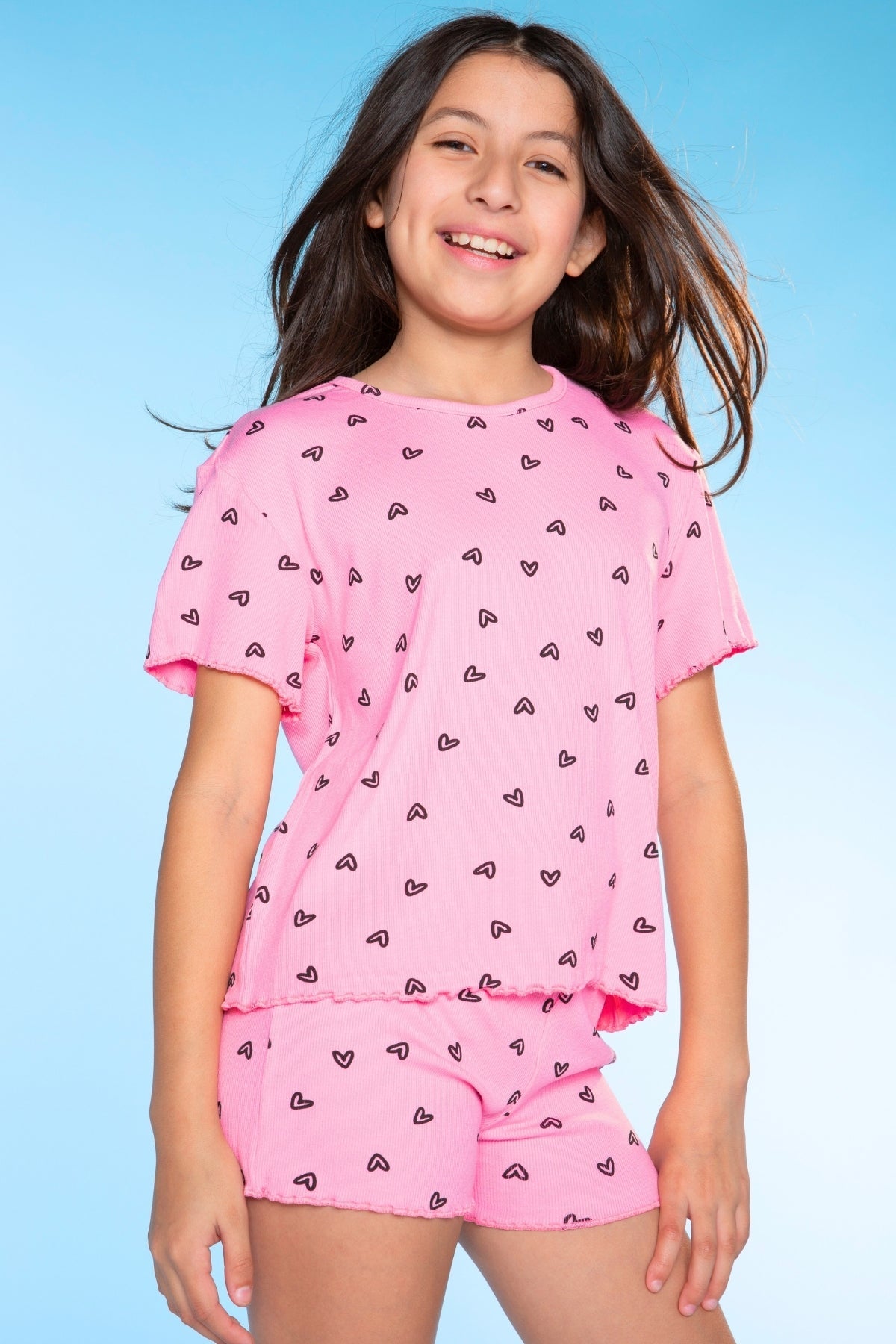 Ultra Soft Ribbed Lettuce Hem Easy Tee & Short Set - Neon Pink Heart
