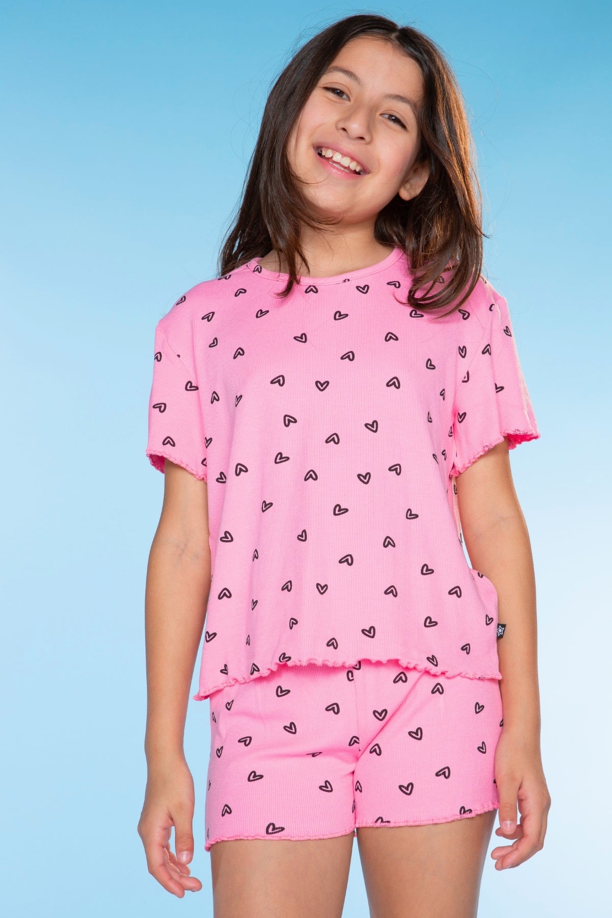 Ultra Soft Ribbed Lettuce Hem Easy Tee & Short Set - Neon Pink Heart