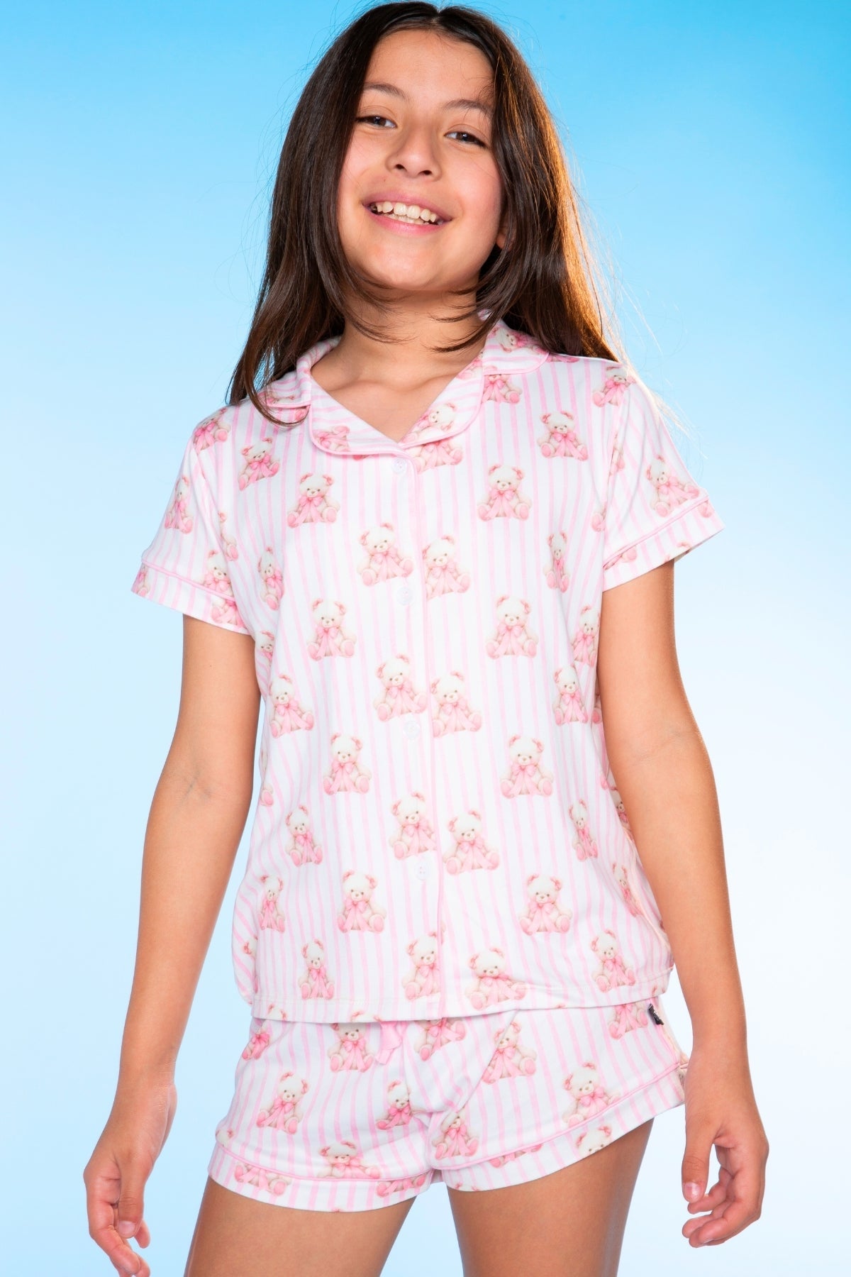 Short Sleeve Simply Soft Button Down Top & Short - Pink Ivory Striped Strawberry - NEW!