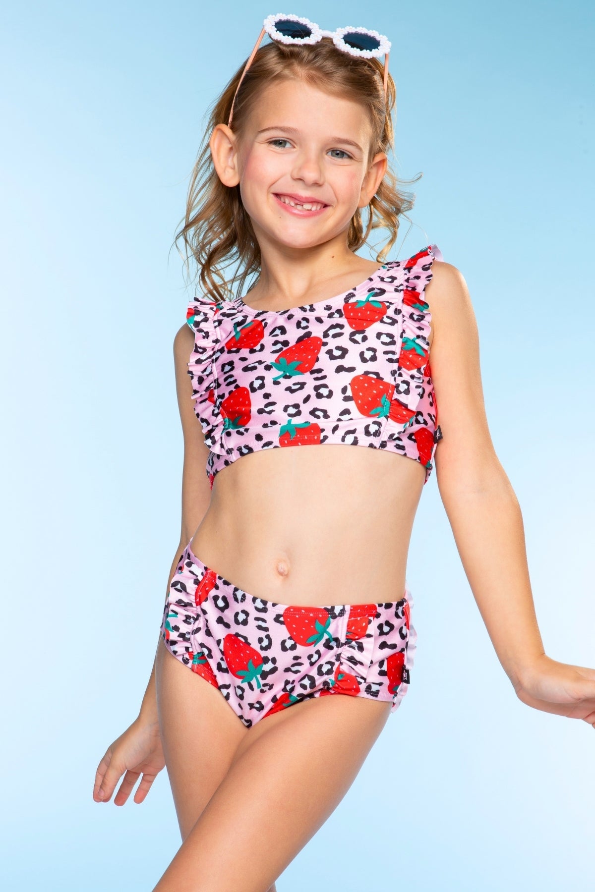 Ruffle Two Piece Swimsuit - Pink Blue Watercolor Rose