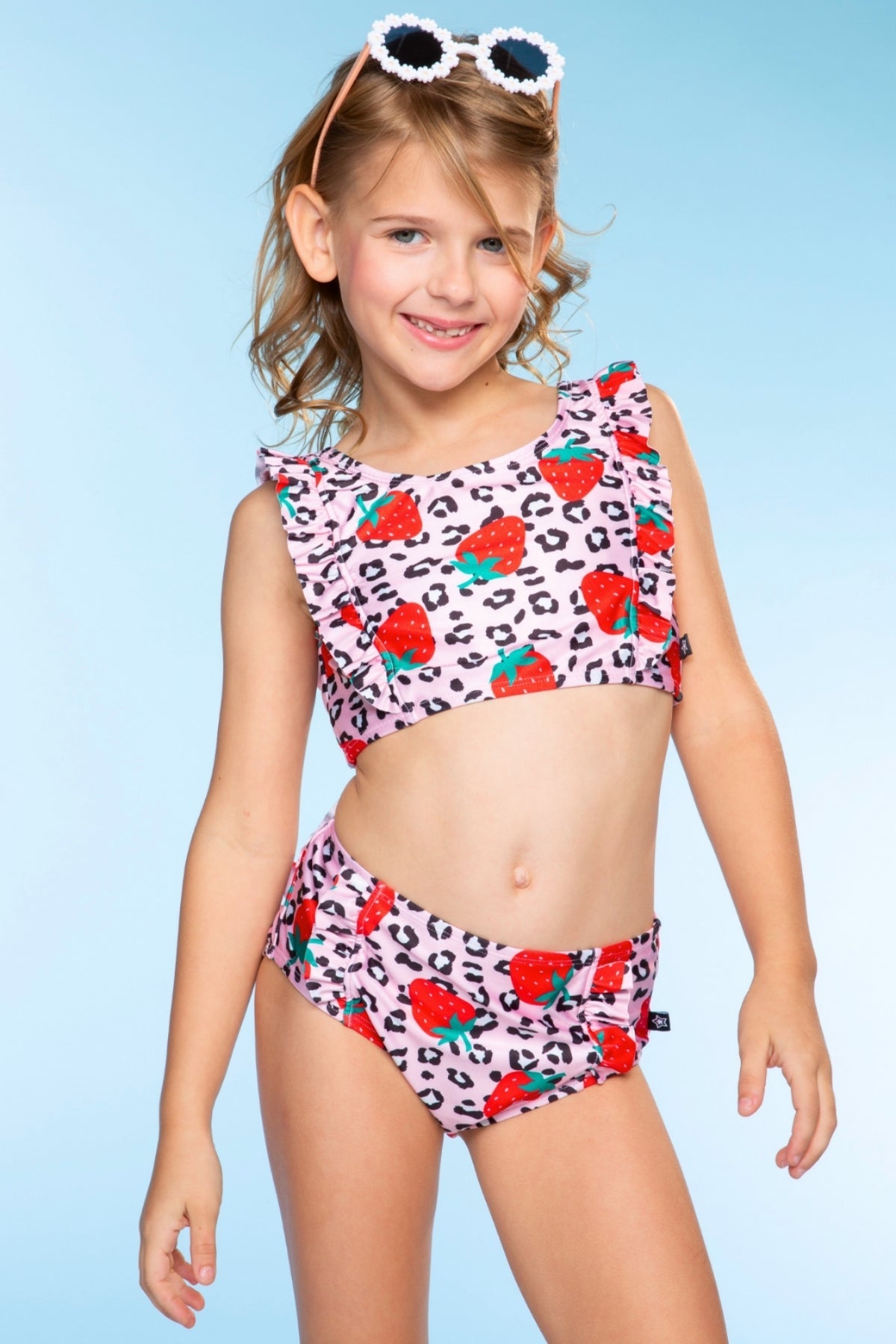 Ruffle Two Piece Swimsuit - Pink Blue Watercolor Rose