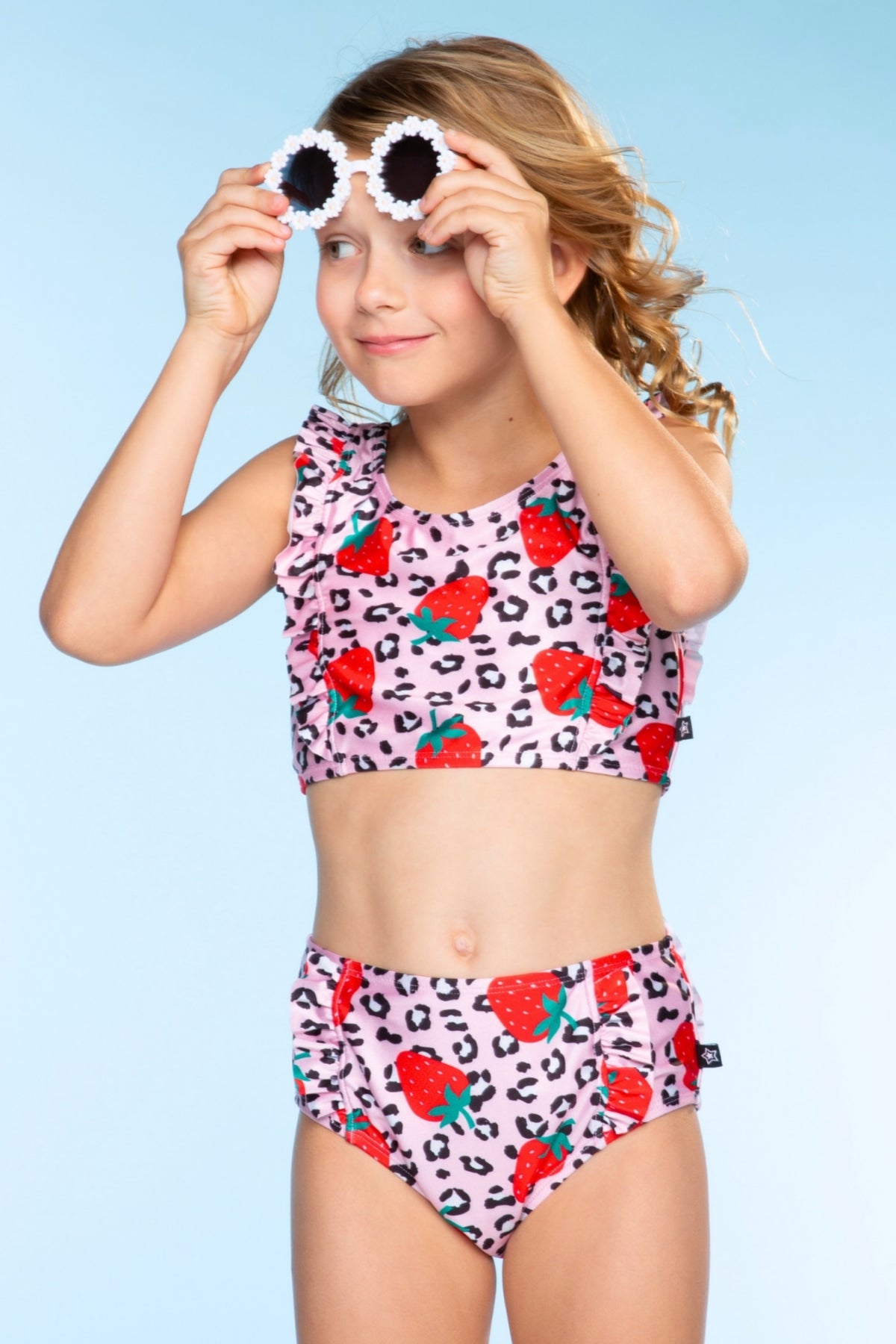 Ruffle Two Piece Swimsuit - Pink Blue Watercolor Rose