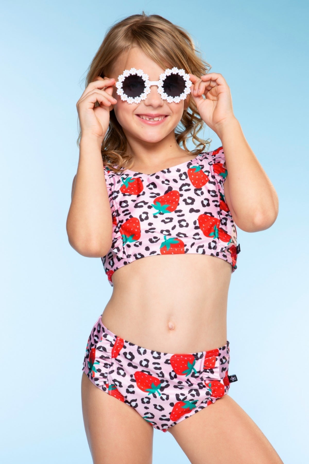 Ruffle Two Piece Swimsuit - Pink Blue Watercolor Rose