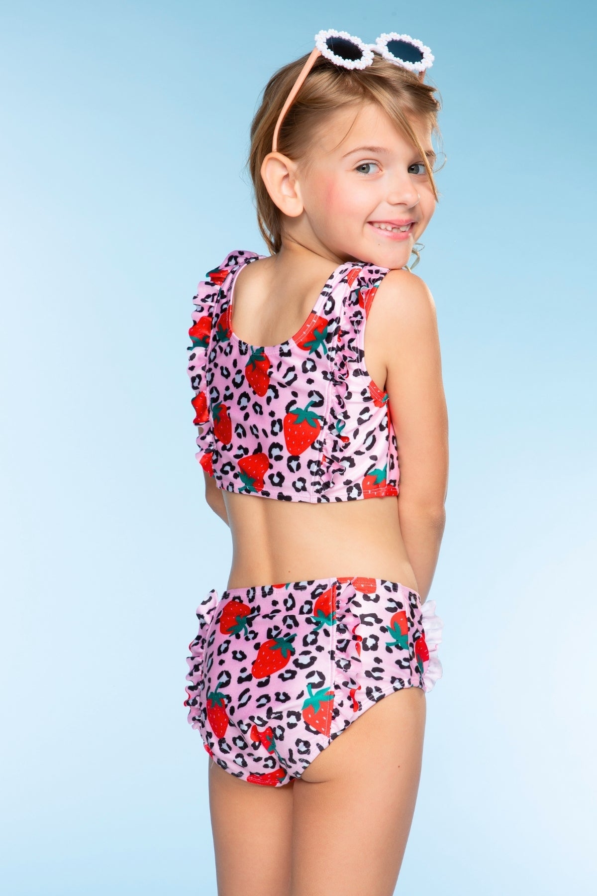 Ruffle Two Piece Swimsuit - Pink Blue Watercolor Rose