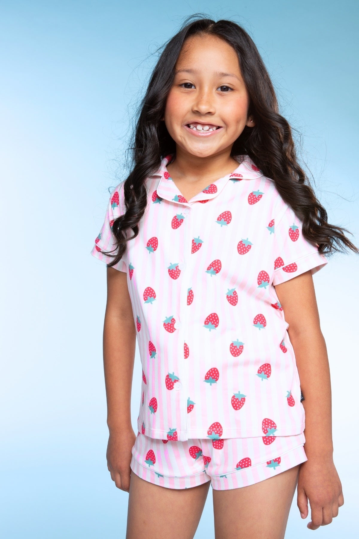 Short Sleeve Simply Soft Button Down Top & Short - Pink Ivory Striped Strawberry - NEW!