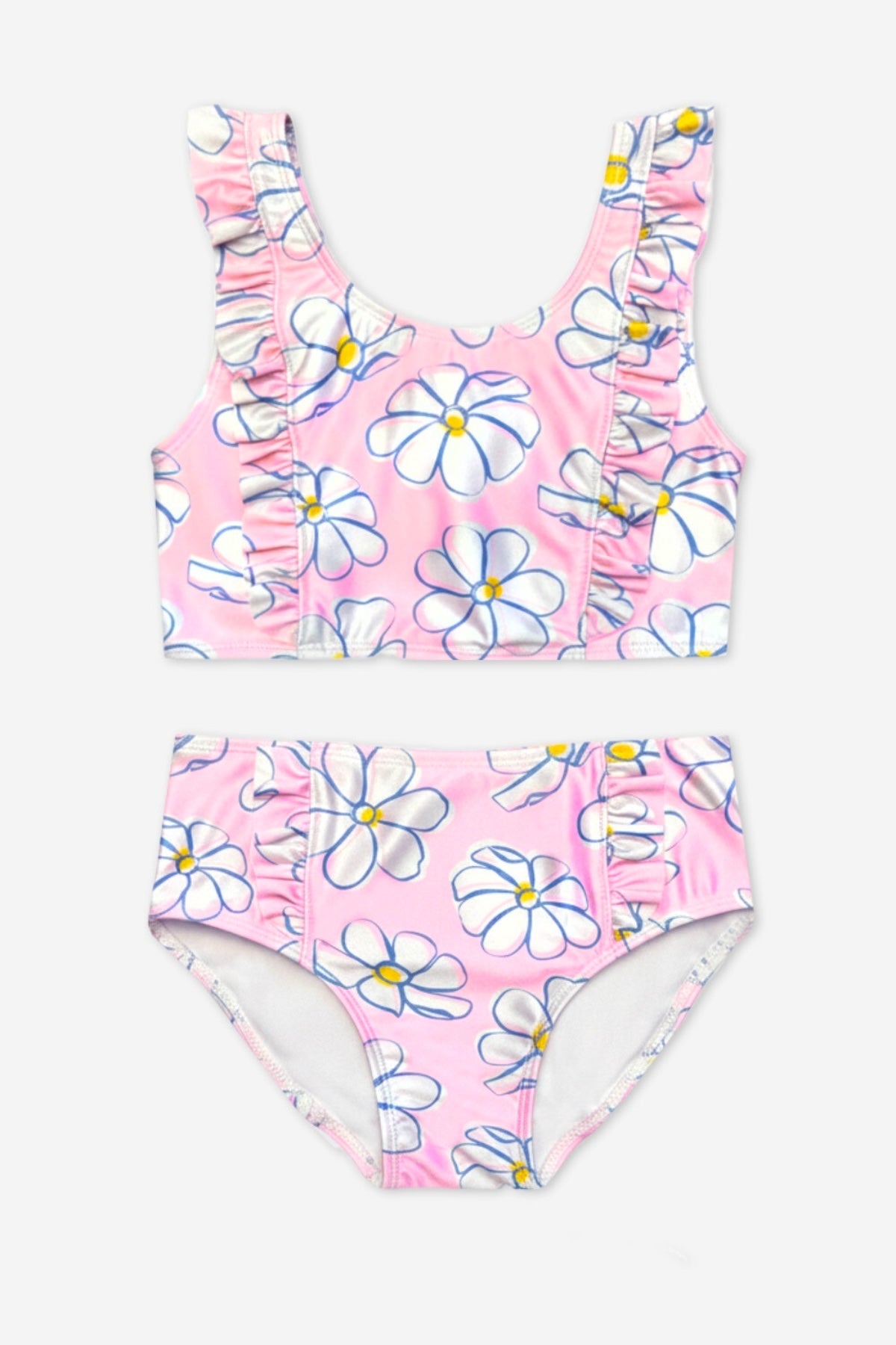 Ruffle Two Piece Swimsuit - Pink Blue Watercolor Rose