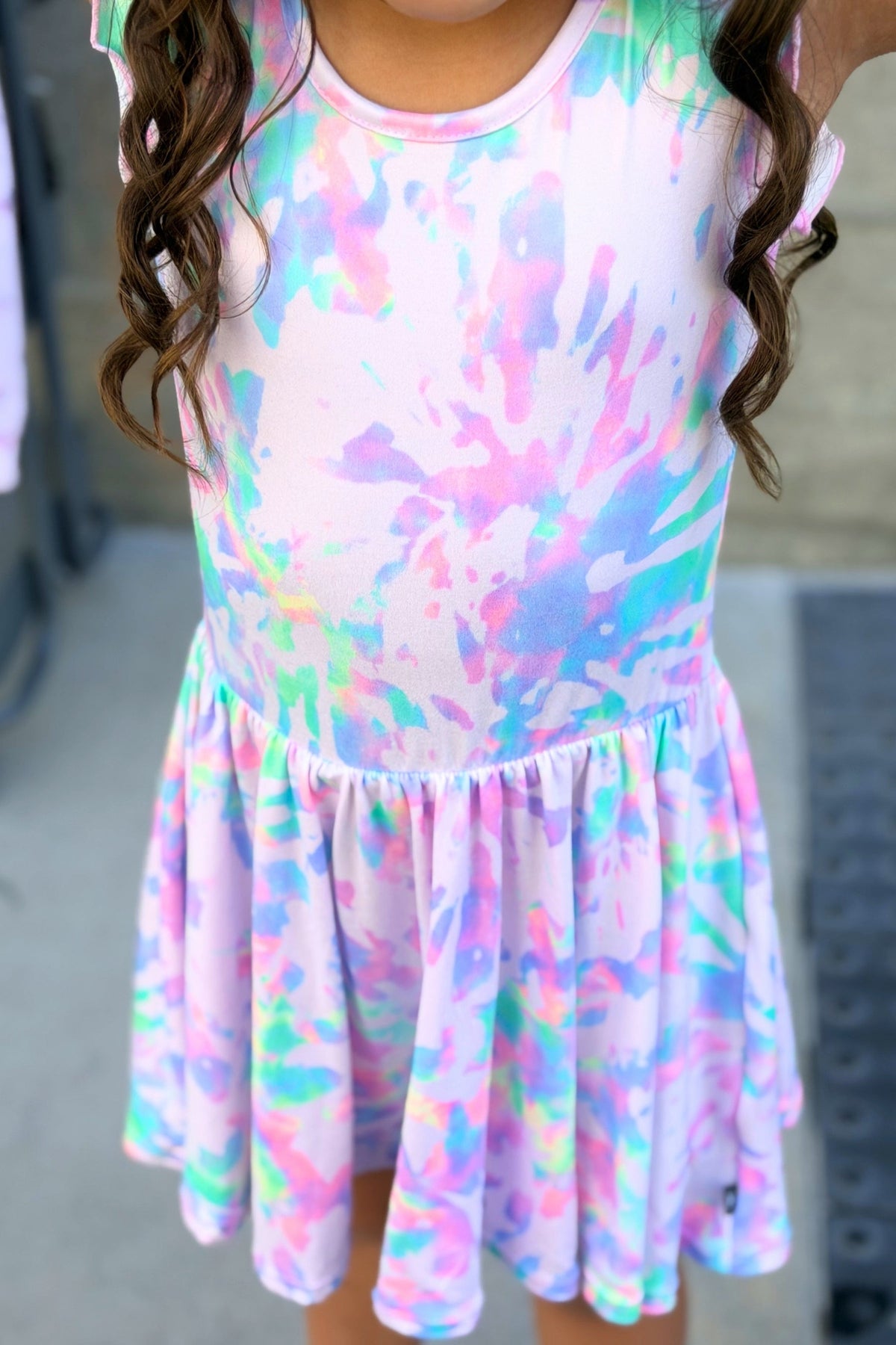 Simply Soft Flutter Sleeve Be Happy Dress - Lt Pink Rainbow Hibiscus