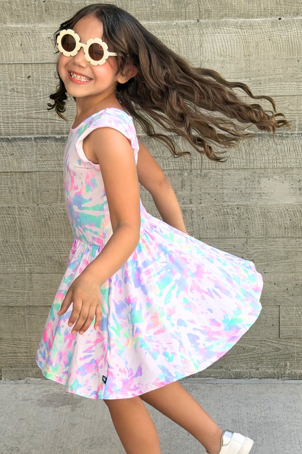 Simply Soft Flutter Sleeve Be Happy Dress - Lt Pink Rainbow Hibiscus