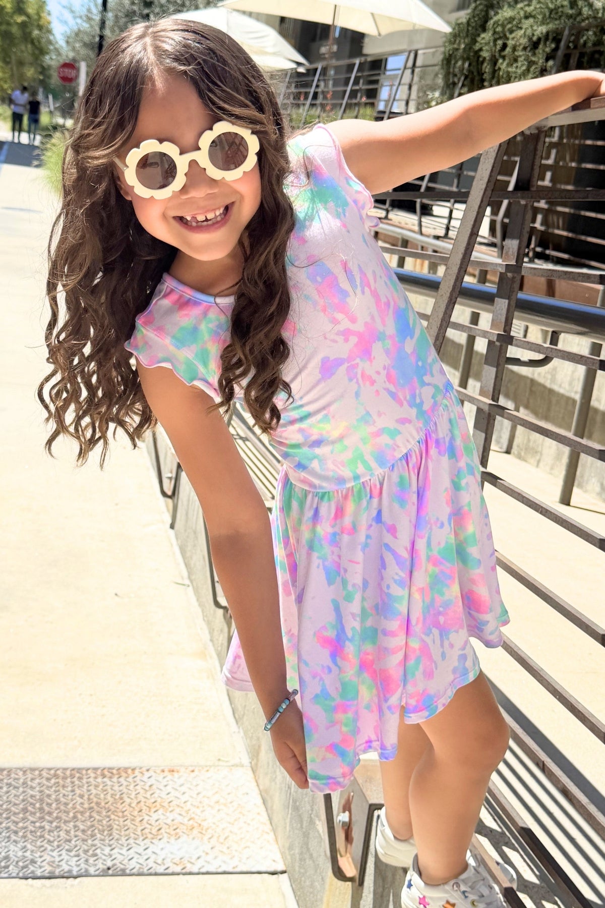 Simply Soft Flutter Sleeve Be Happy Dress - Lt Pink Rainbow Hibiscus