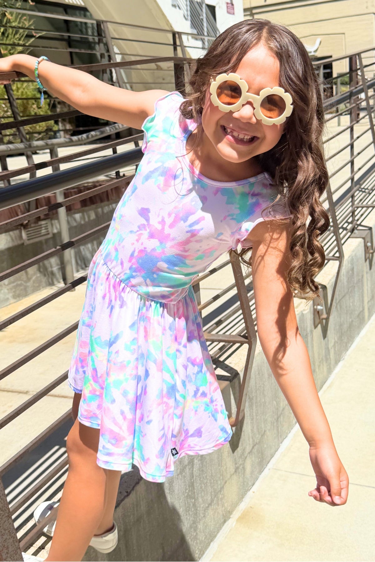 Simply Soft Flutter Sleeve Be Happy Dress - Lt Pink Rainbow Hibiscus