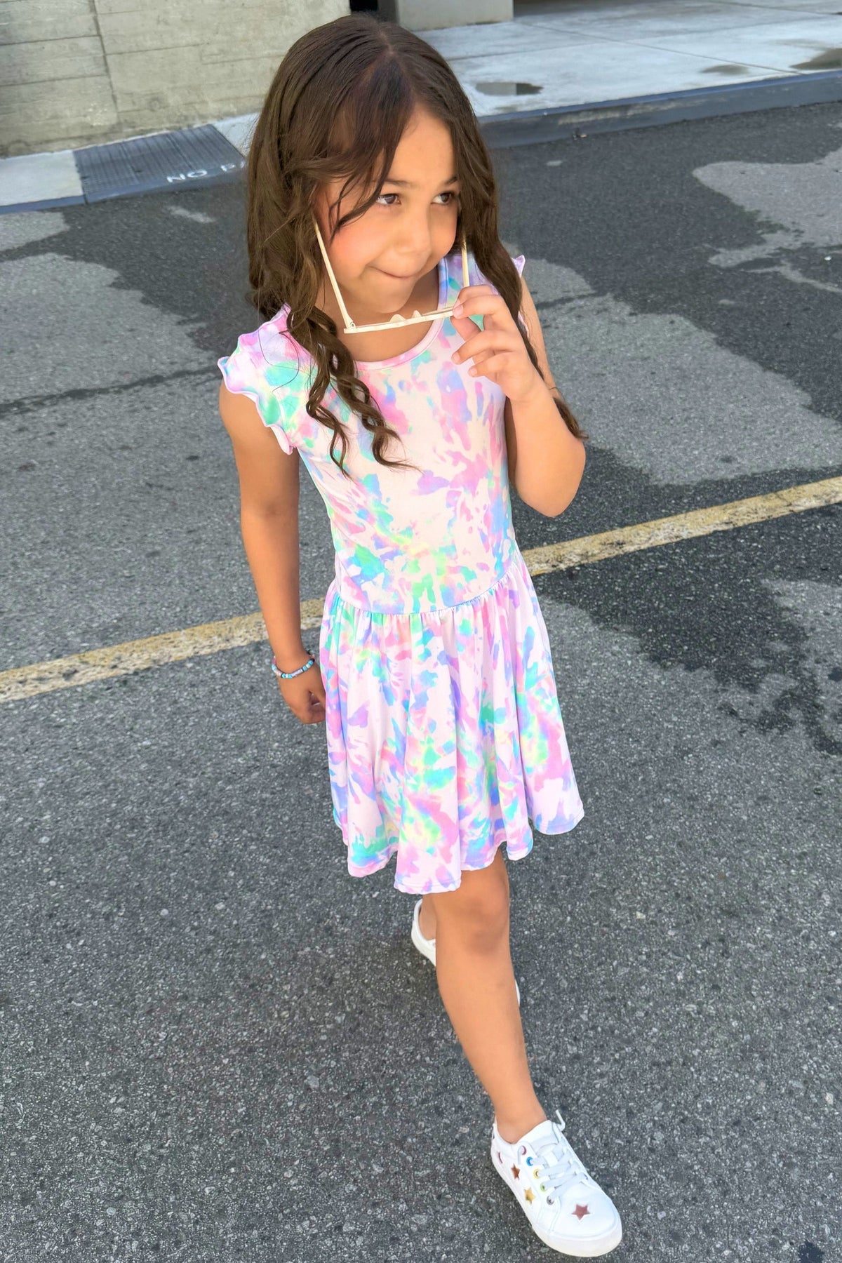 Simply Soft Flutter Sleeve Be Happy Dress - Lt Pink Rainbow Hibiscus