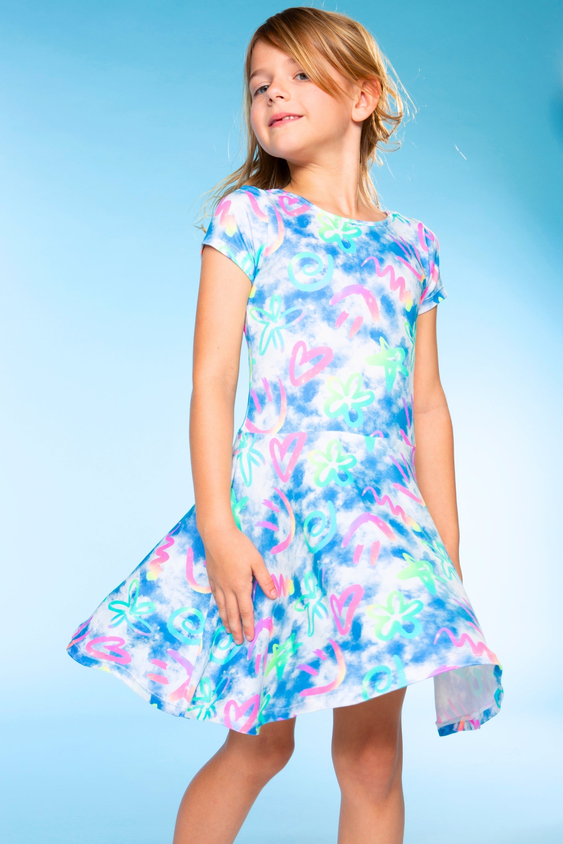 Simply Soft Short Sleeve Skater Dress - Denim Rainbow Graffiti - NEW!
