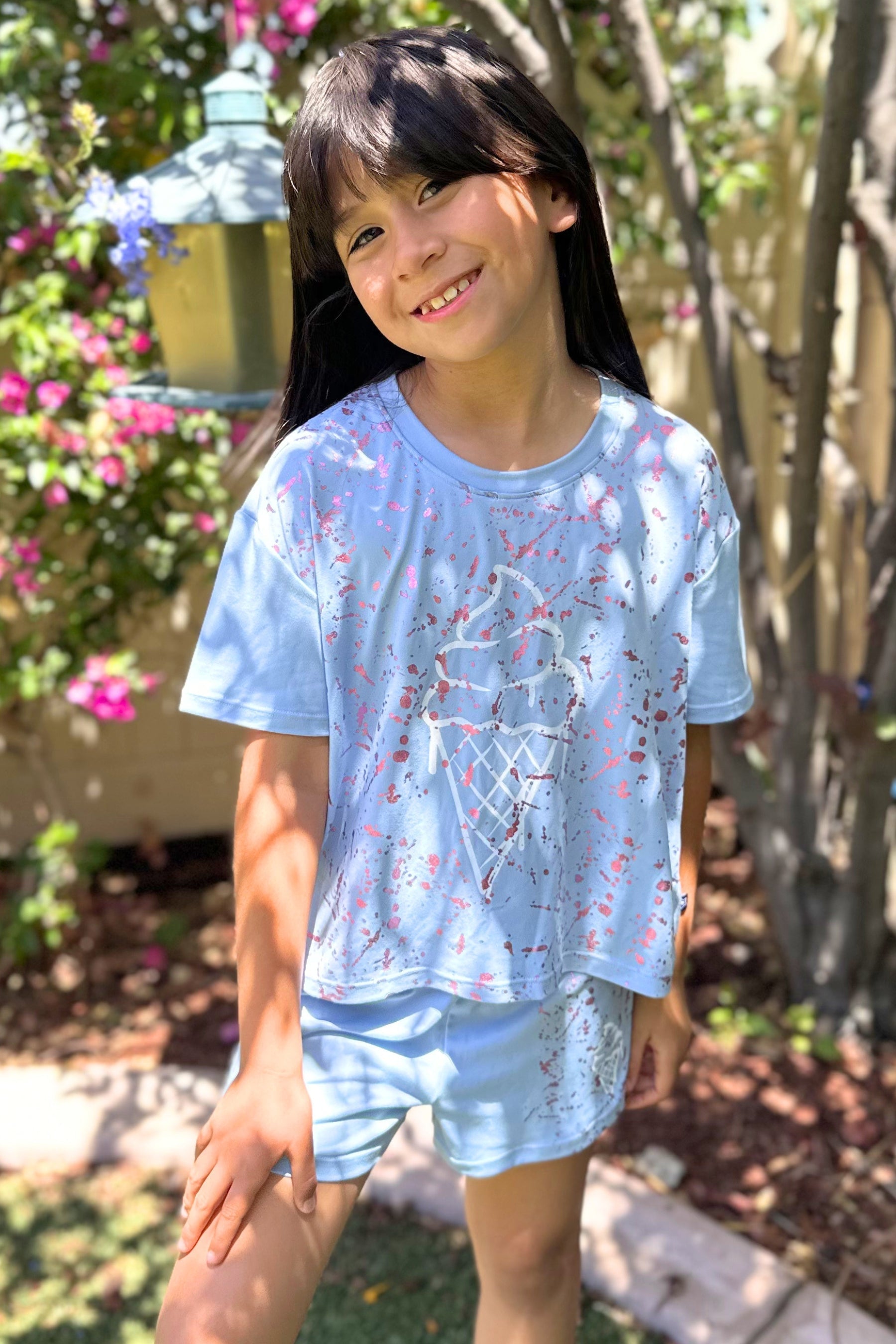Simply Soft Easy Tee & Dolphin Short Set - Lt Blue Pink Foil Ice Cream