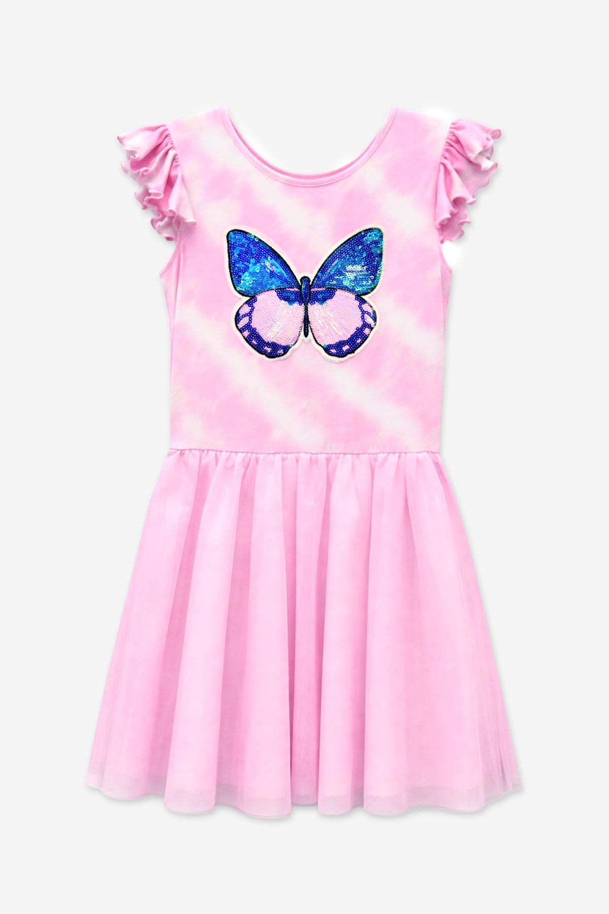 Simply Soft Flutter Sleeve Be Happy Dress - Lt Pink Rainbow Hibiscus