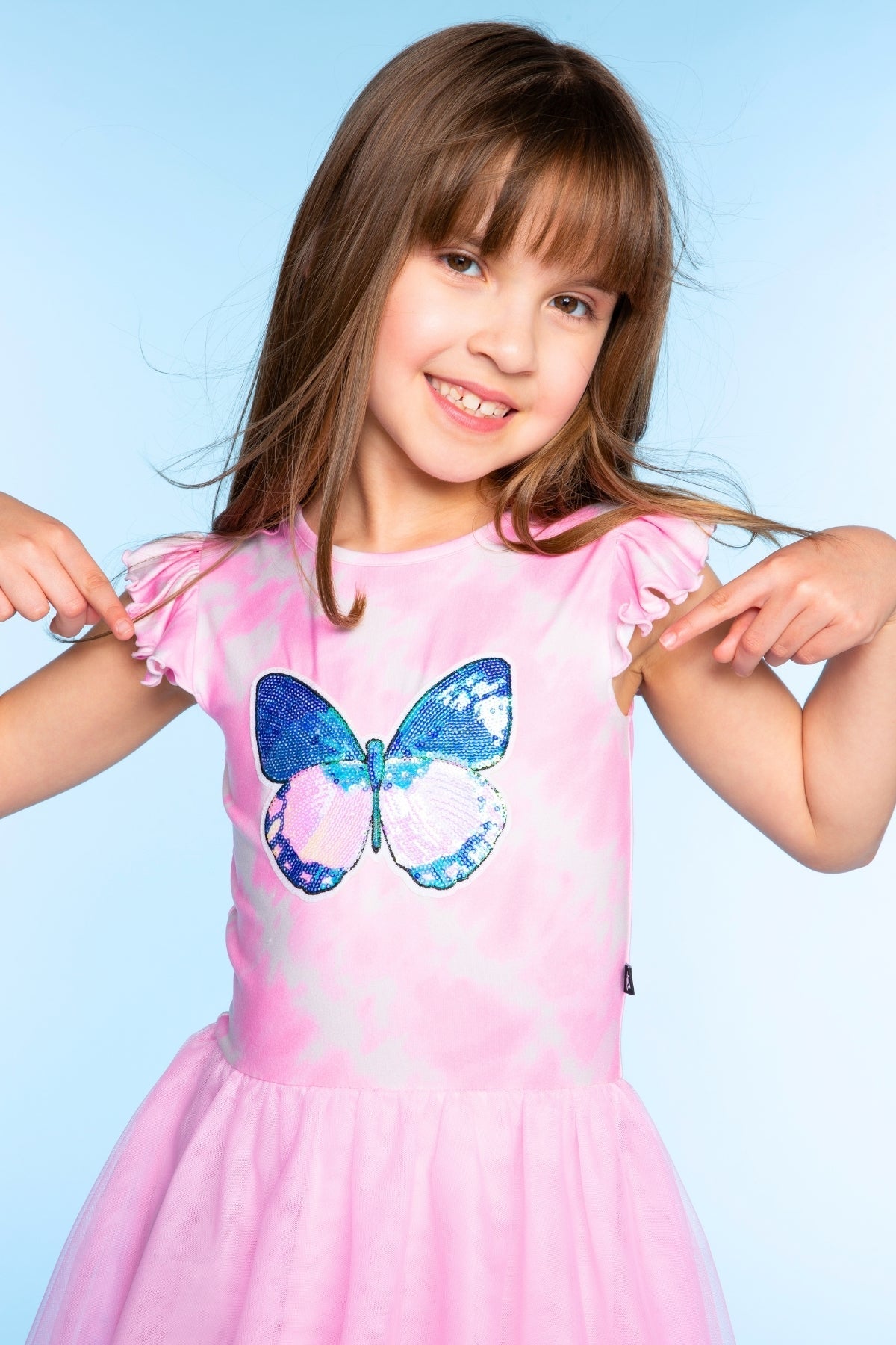Simply Soft Flutter Sleeve Be Happy Dress - Lt Pink Rainbow Hibiscus