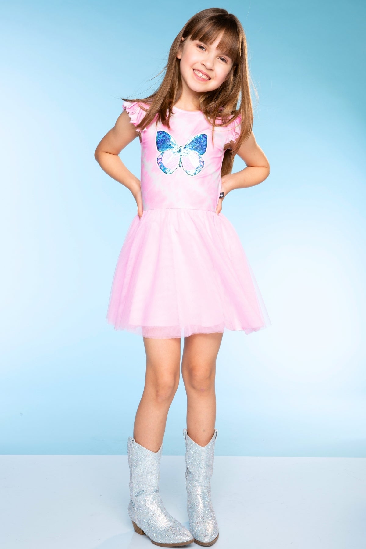 Simply Soft Flutter Sleeve Be Happy Dress - Lt Pink Rainbow Hibiscus