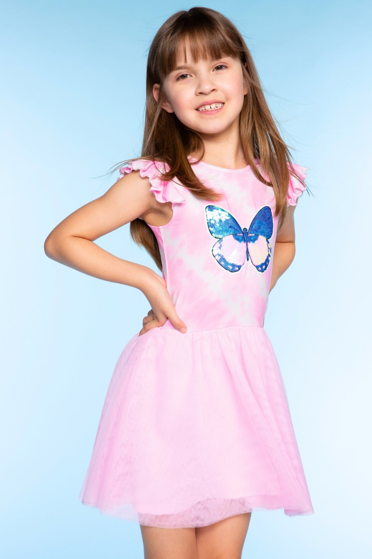 Simply Soft Flutter Sleeve Be Happy Dress - Lt Pink Rainbow Hibiscus