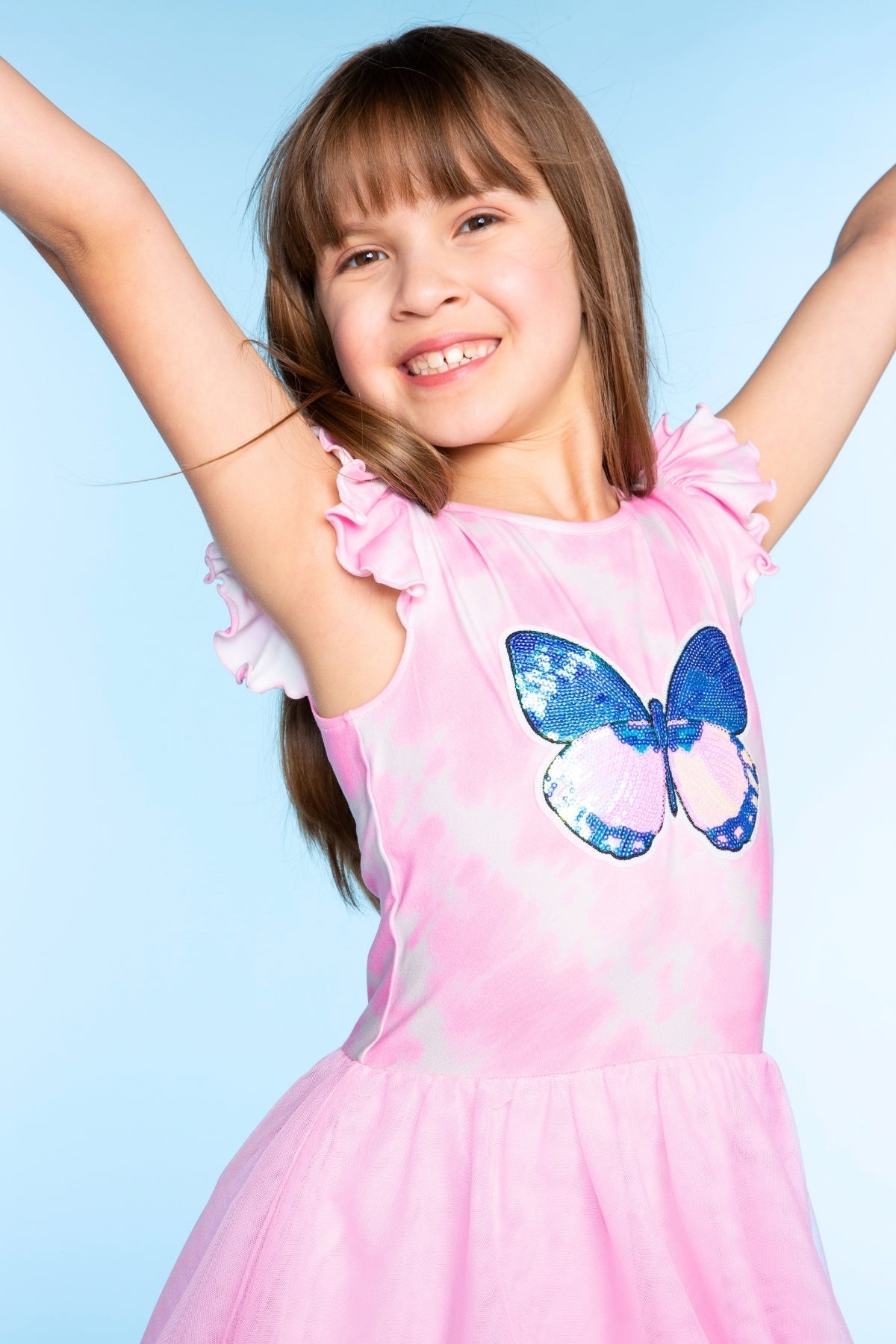 Simply Soft Flutter Sleeve Be Happy Dress - Lt Pink Rainbow Hibiscus