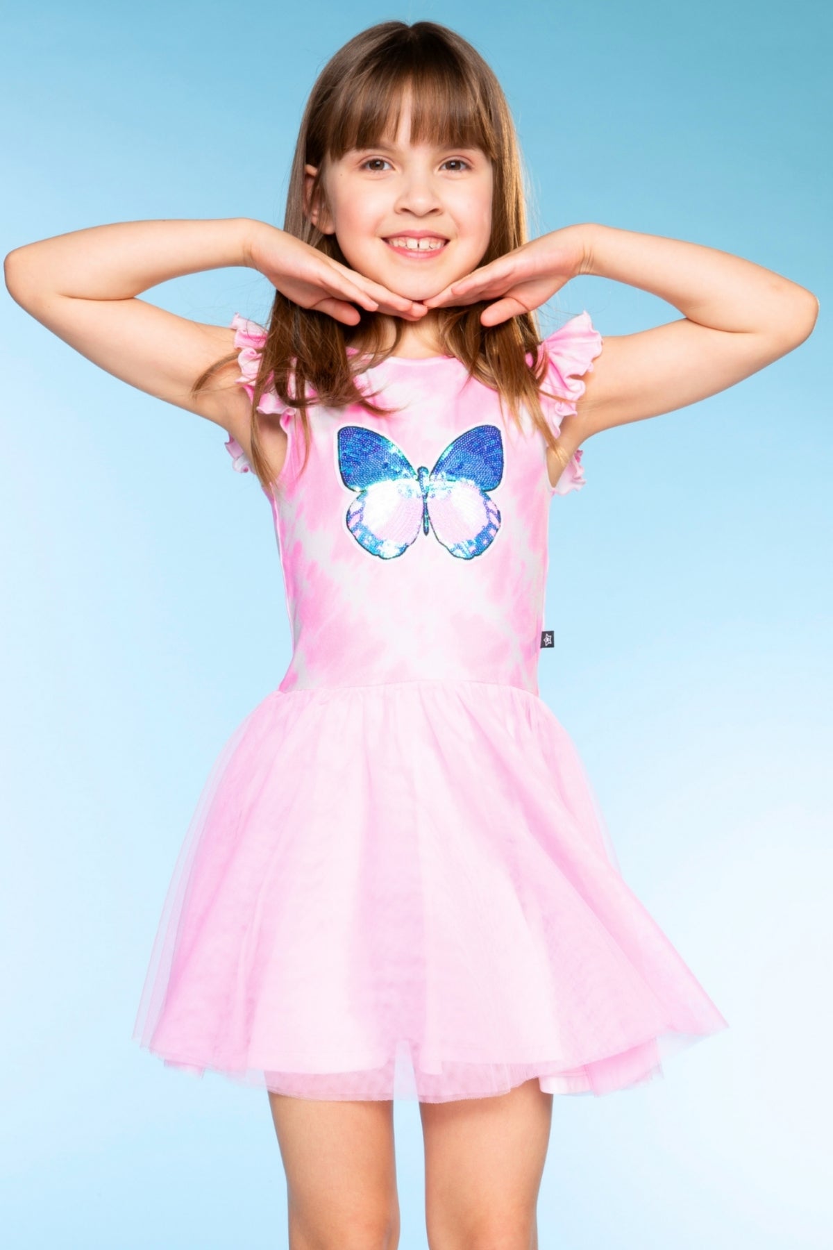 Simply Soft Flutter Sleeve Be Happy Dress - Pink Tie Dye Sequin Butterfly - NEW!