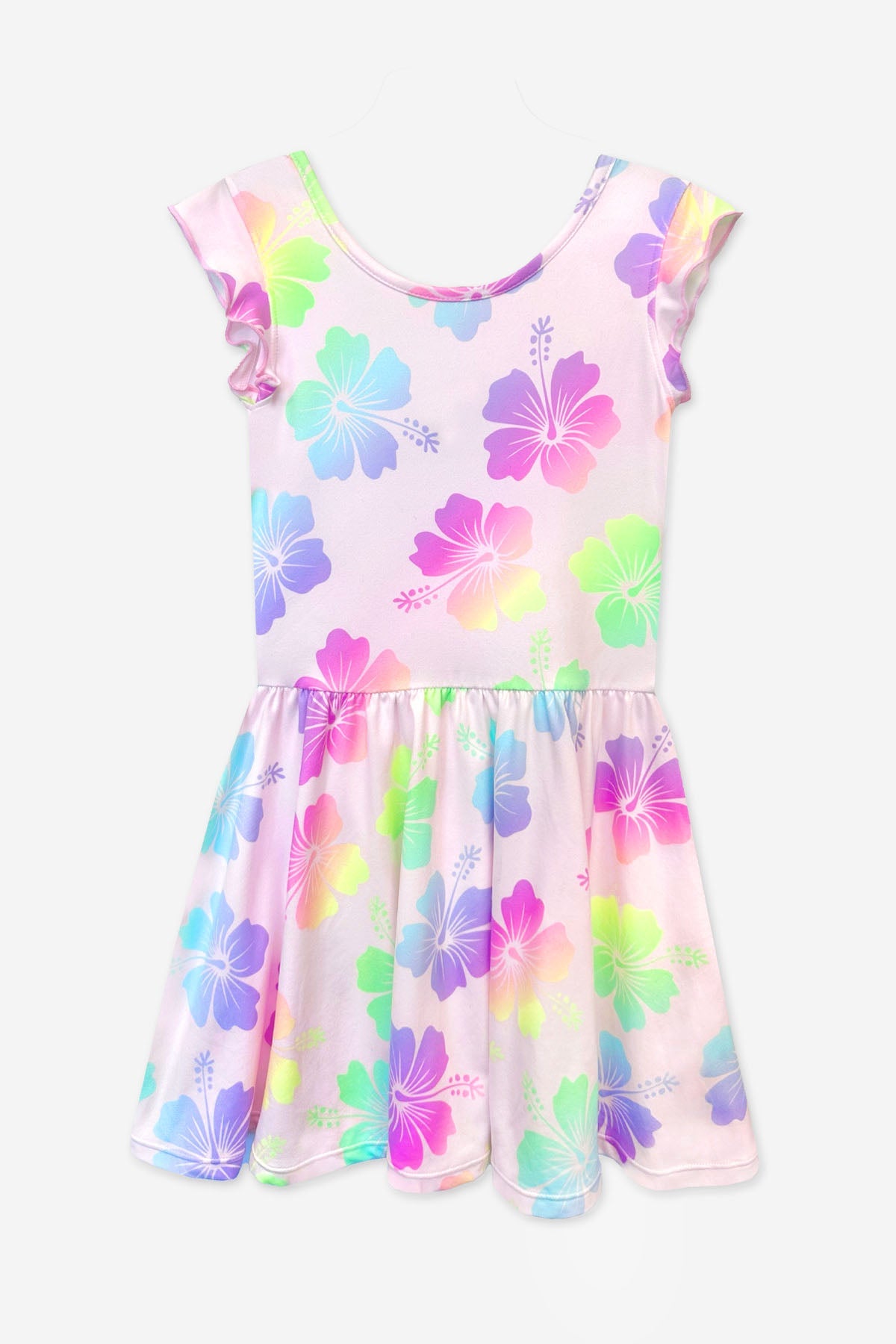 Simply Soft Flutter Sleeve Be Happy Dress - Lt Pink Rainbow Hibiscus
