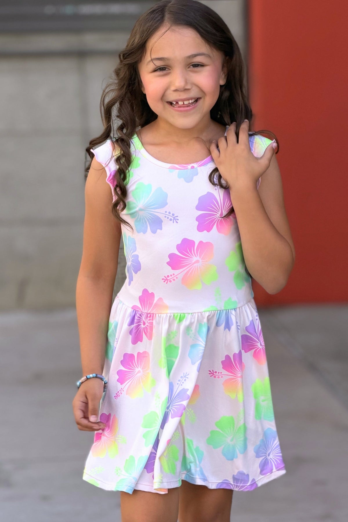 Simply Soft Flutter Sleeve Be Happy Dress - Lt Pink Rainbow Hibiscus