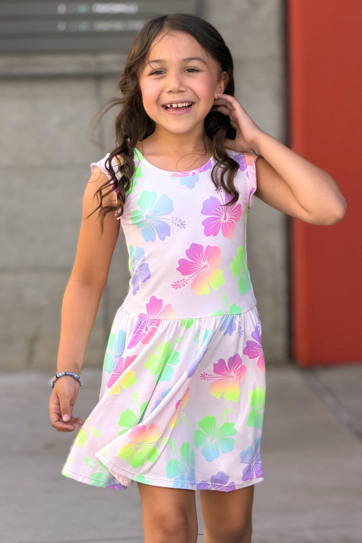Simply Soft Flutter Sleeve Be Happy Dress - Lt Pink Rainbow Hibiscus