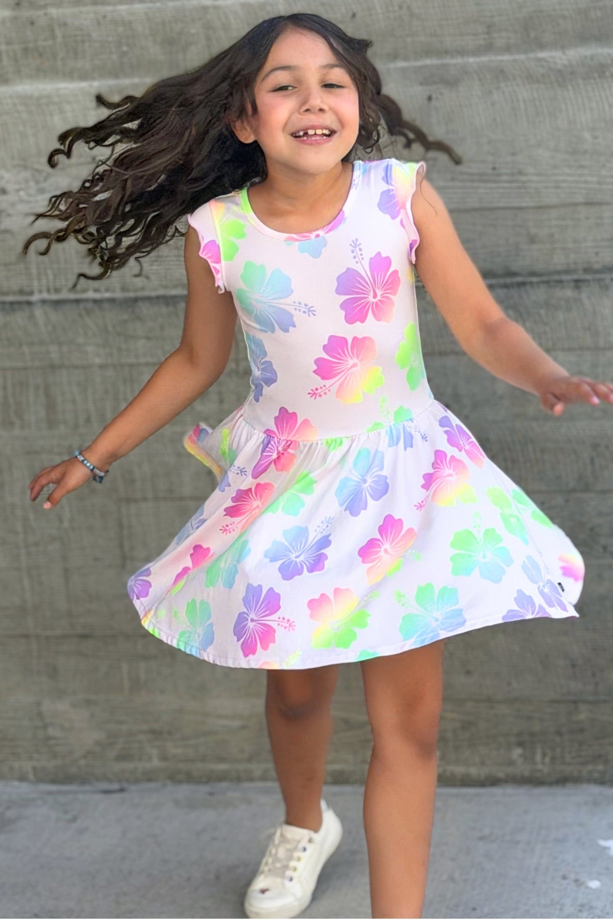 Simply Soft Flutter Sleeve Be Happy Dress - Lt Pink Rainbow Hibiscus