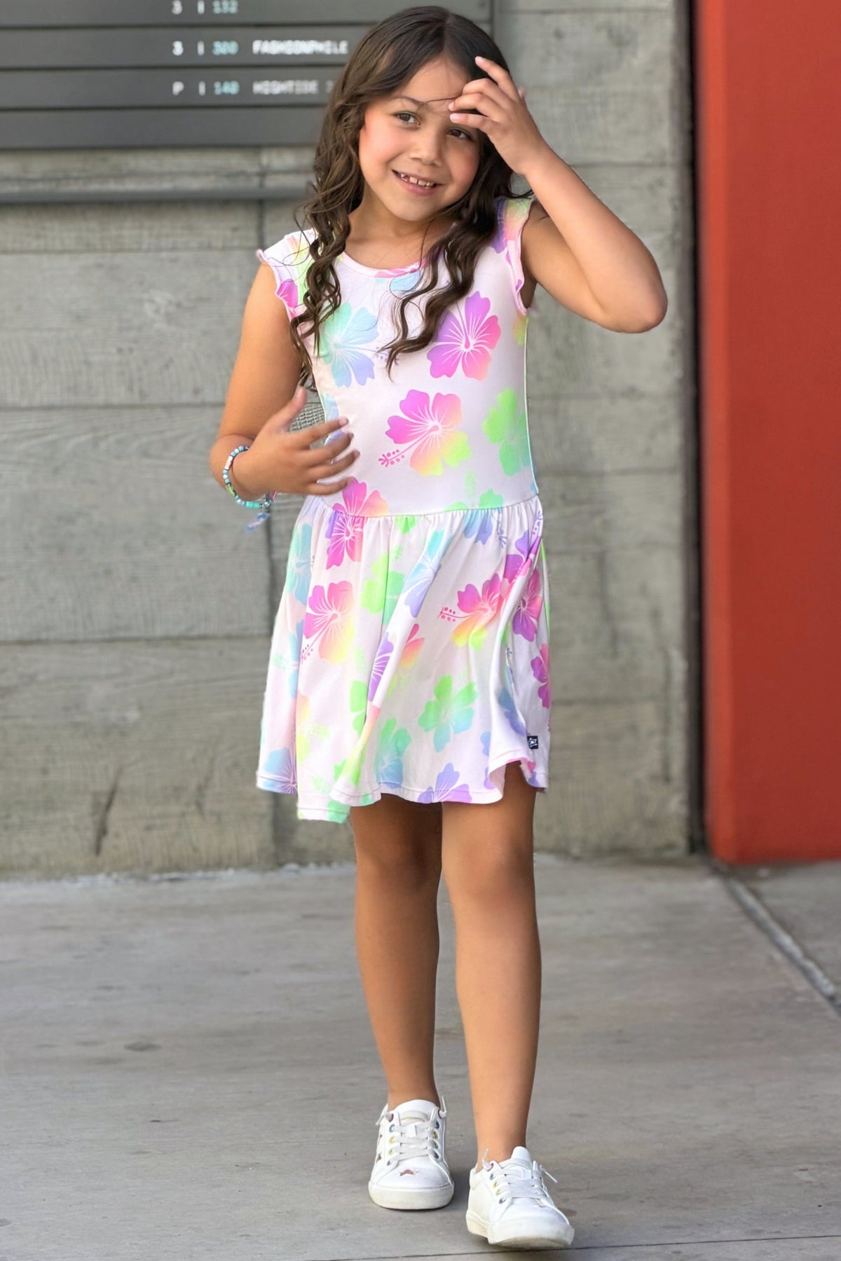 Simply Soft Flutter Sleeve Be Happy Dress - Lt Pink Rainbow Hibiscus