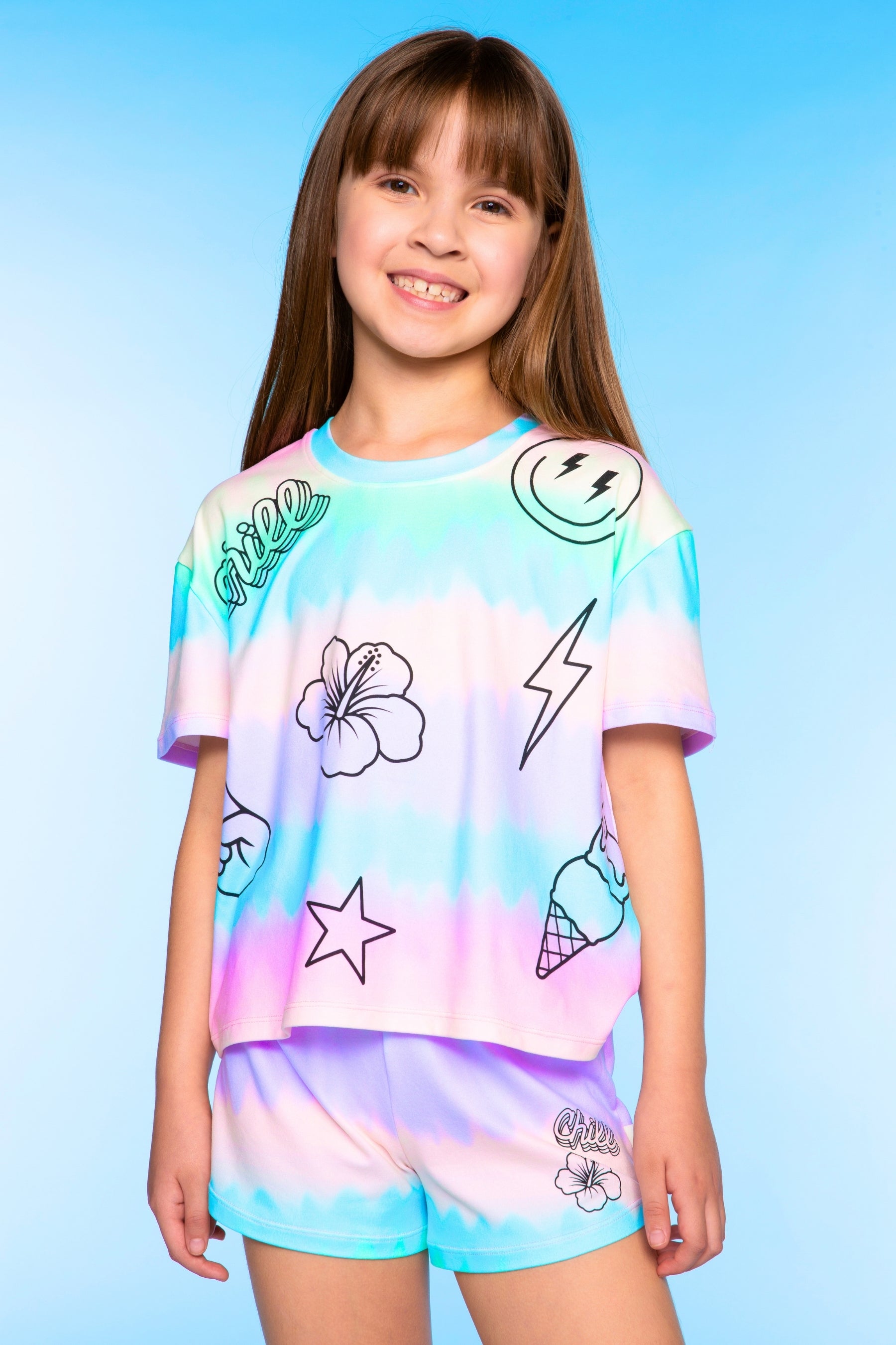Simply Soft Easy Tee & Dolphin Short Set - Lt Blue Pink Foil Ice Cream