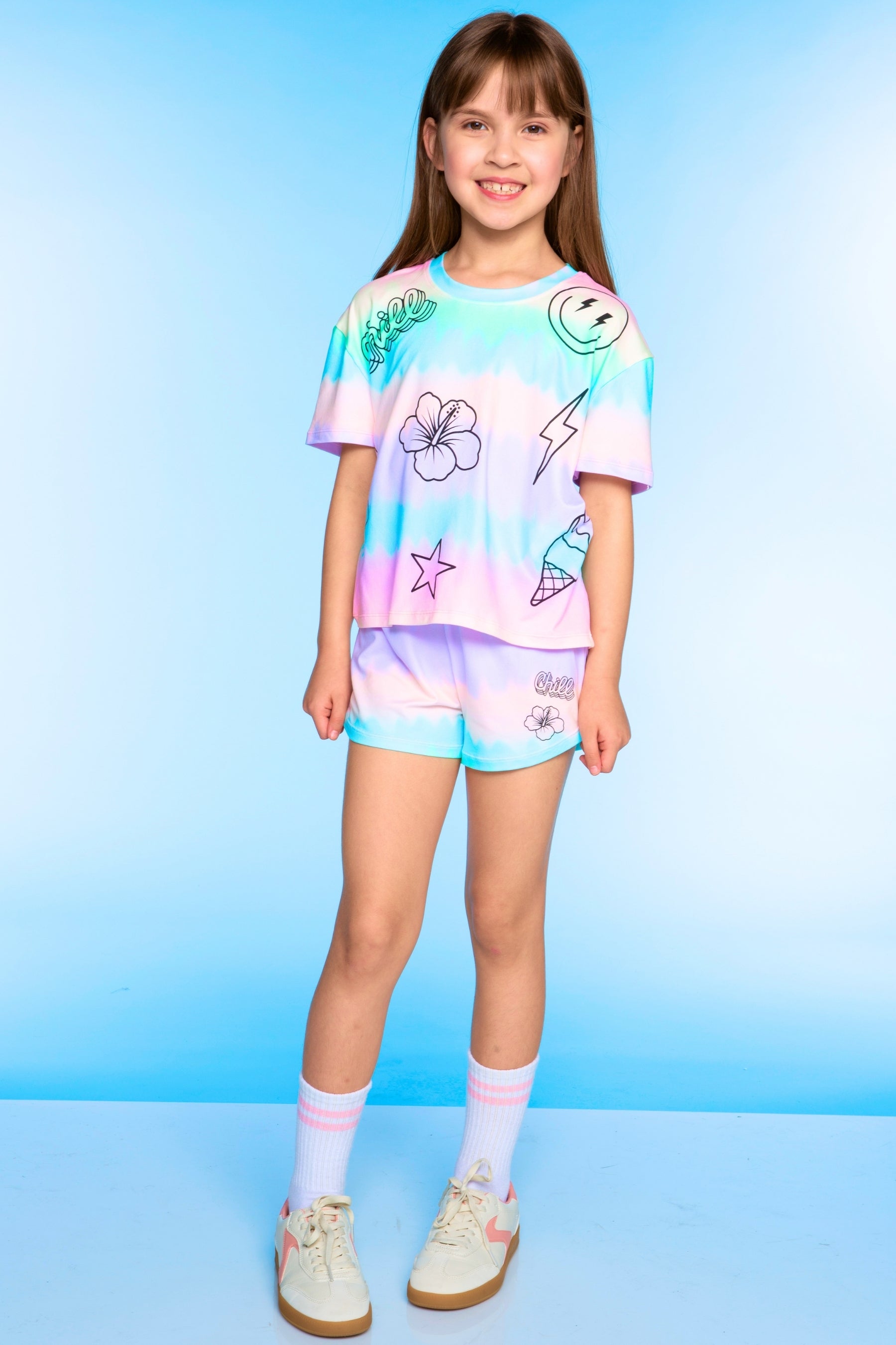 Simply Soft Easy Tee & Dolphin Short Set - Lt Blue Pink Foil Ice Cream