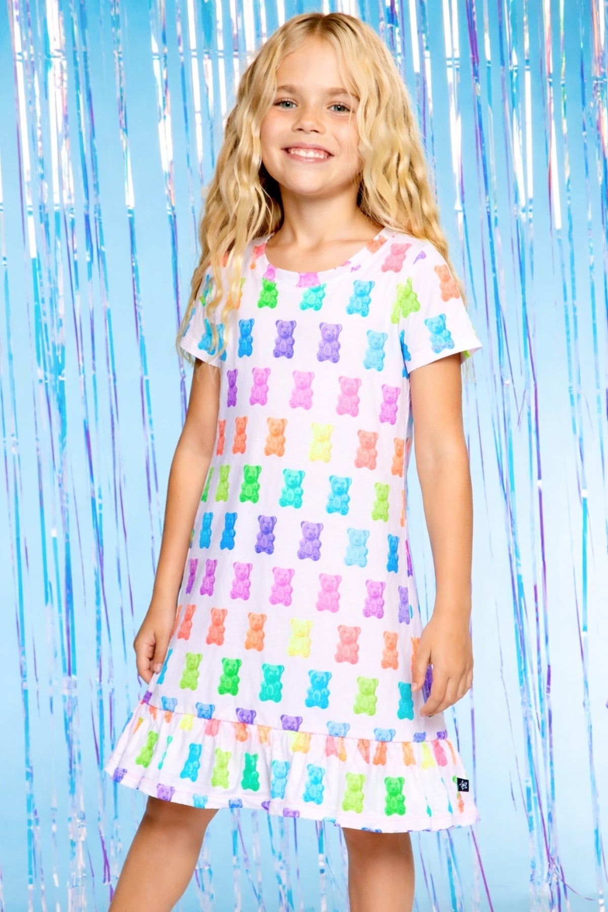 Simply Soft Short Sleeve Ruffle Lounge Dress - Lilac Rainbow Gummy Bear