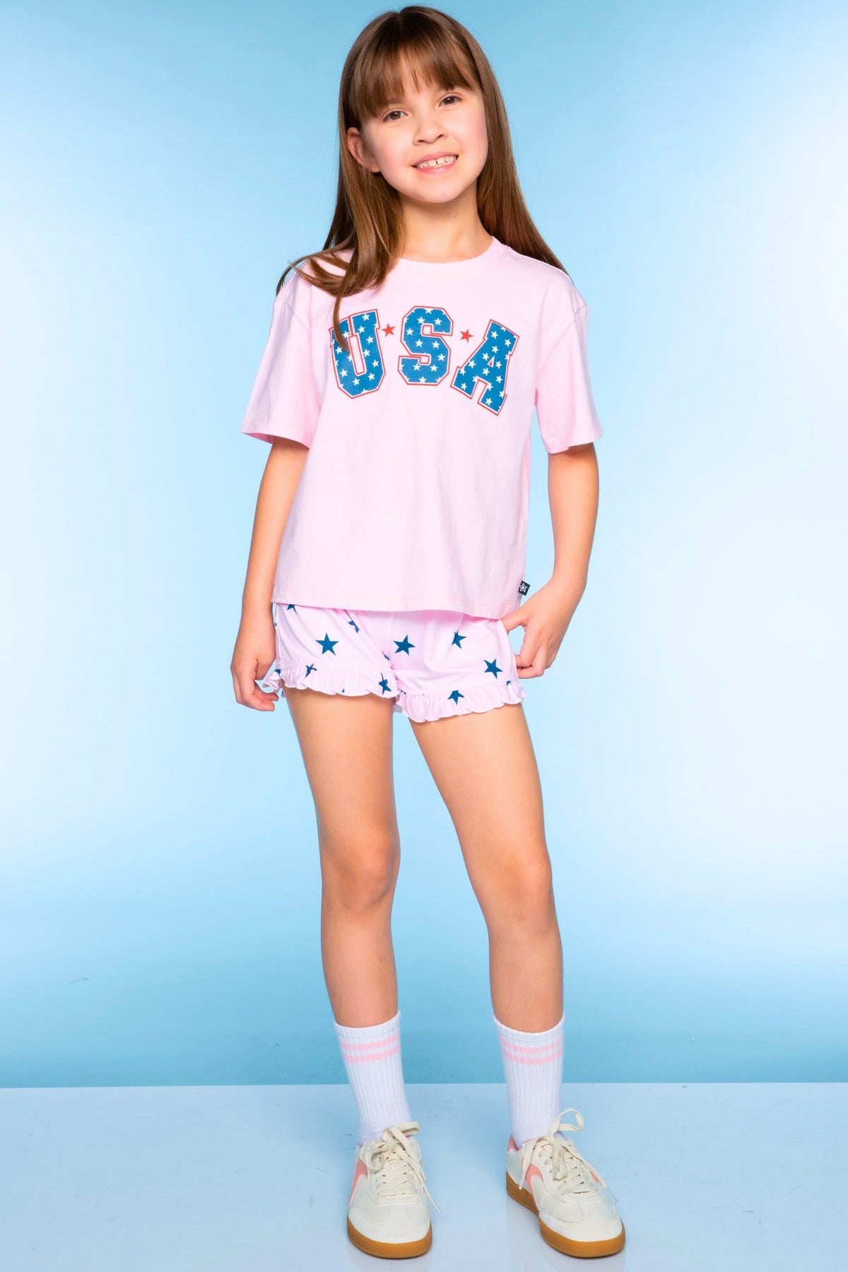 Simply Soft Ruffle Short - Pink Blue Star
