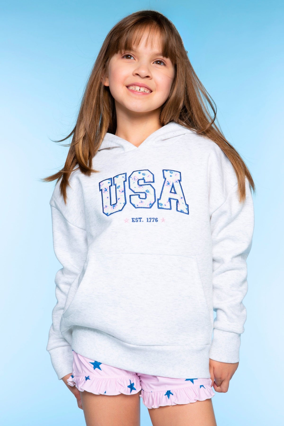 College French Terry Oversized Hoodie - Lt Heather Grey Floral USA