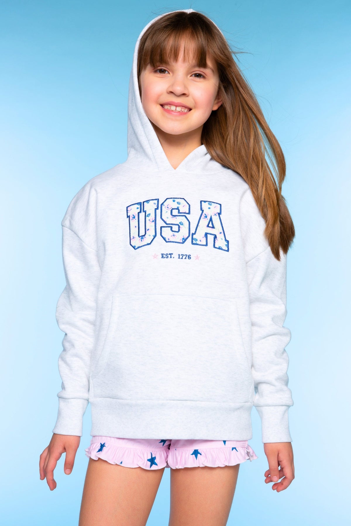 College French Terry Oversized Hoodie - Lt Heather Grey Floral USA