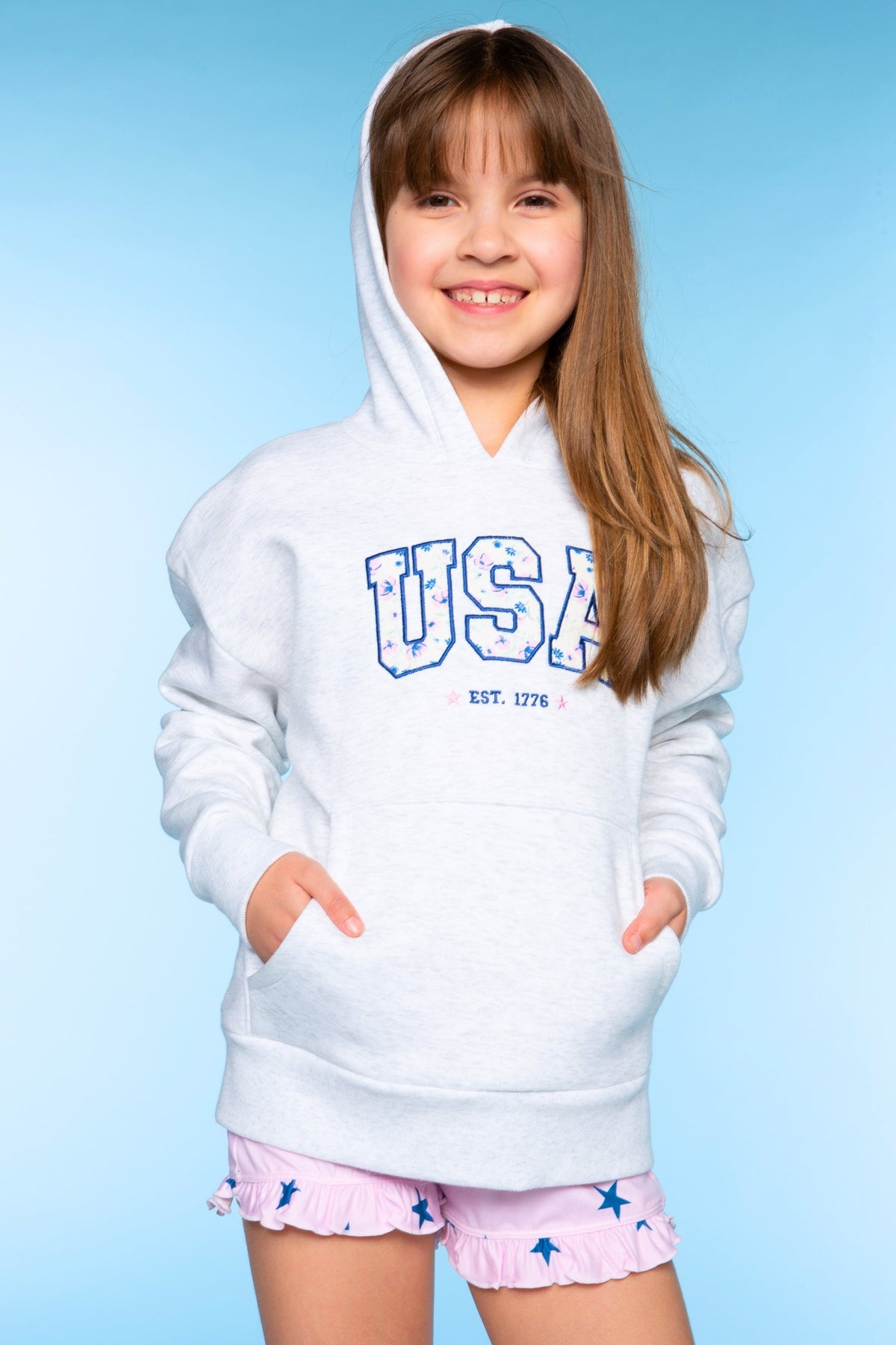 College French Terry Oversized Hoodie - Lt Heather Grey Floral USA