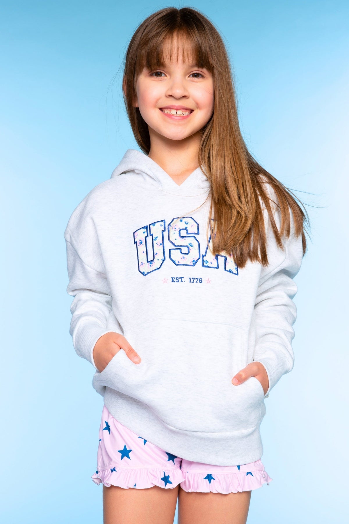 College French Terry Oversized Hoodie - Lt Heather Grey Floral USA