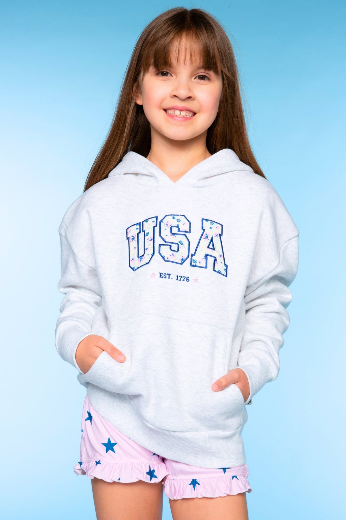 College French Terry Oversized Hoodie - Lt Heather Grey Floral USA
