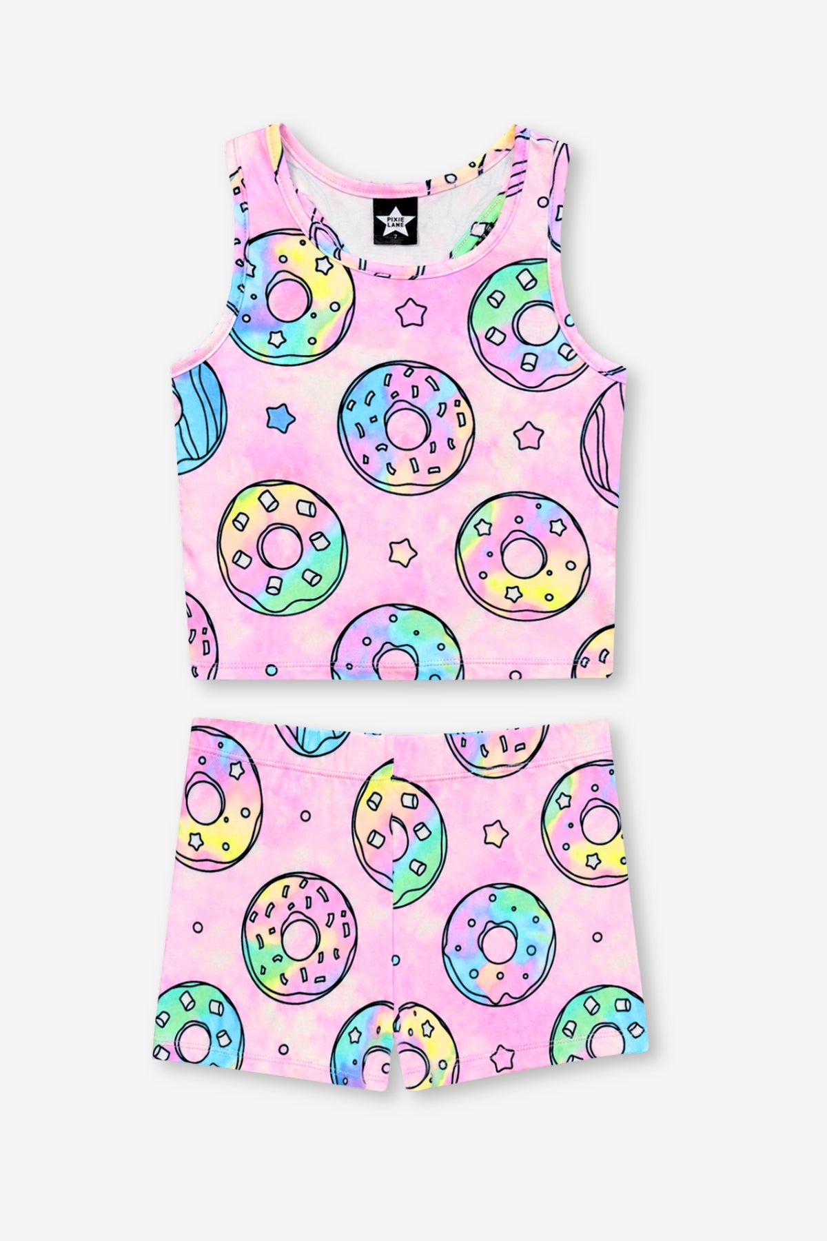 2 Pack Simply Soft Cropped Racerback Tank & Tumble Short - Tie Dye Rainbow Donuts | Lilac Rainbow Foil Hearts & Stars - NEW!