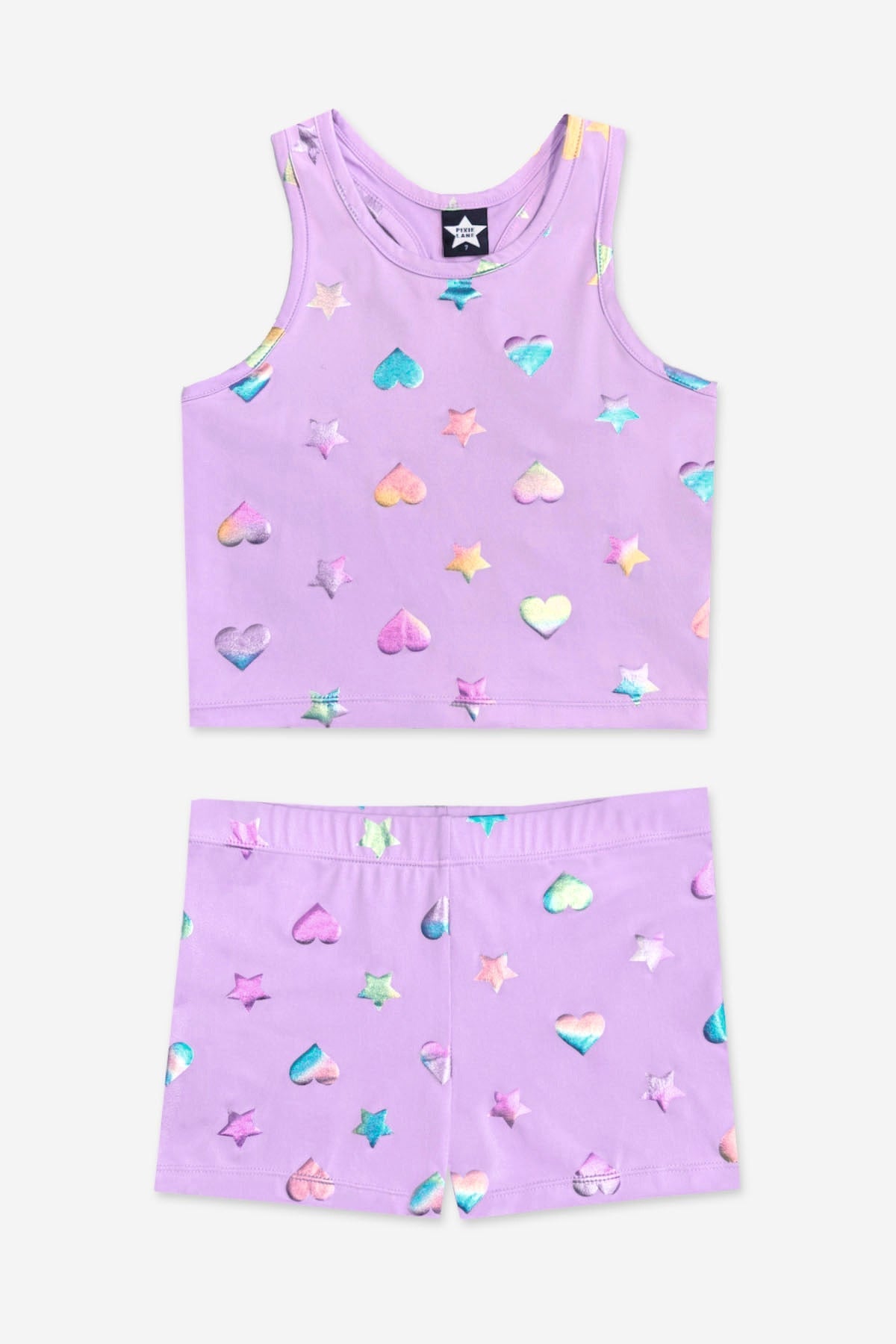 Simply Soft Cropped Racerback Tank & Tumble Short - Lilac Rainbow Foil Hearts & Stars - NEW!