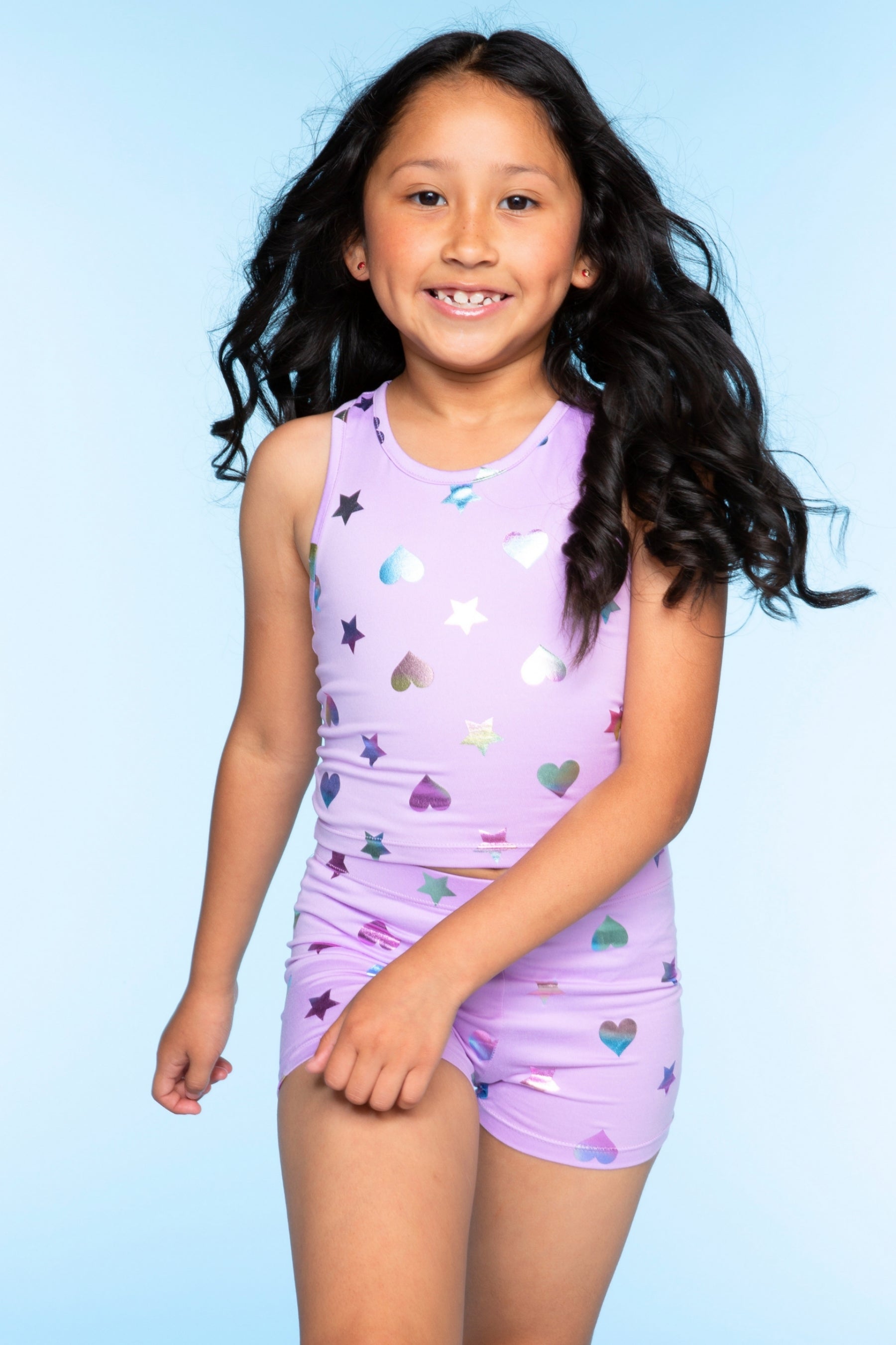 Simply Soft Cropped Racerback Tank & Tumble Short - Lilac Rainbow Foil Hearts & Stars - NEW!
