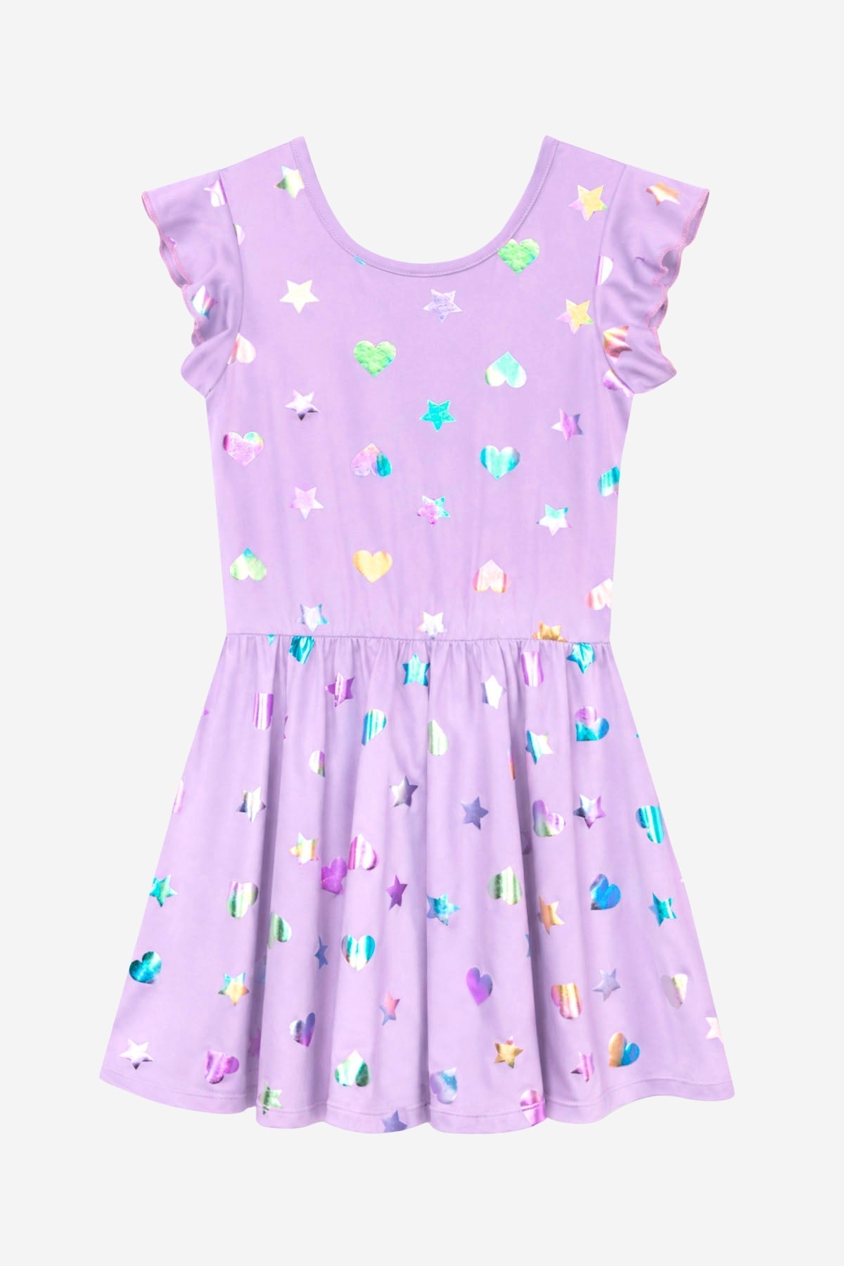 Simply Soft Flutter Sleeve Be Happy Dress - Lilac Rainbow Foil Hearts & Stars