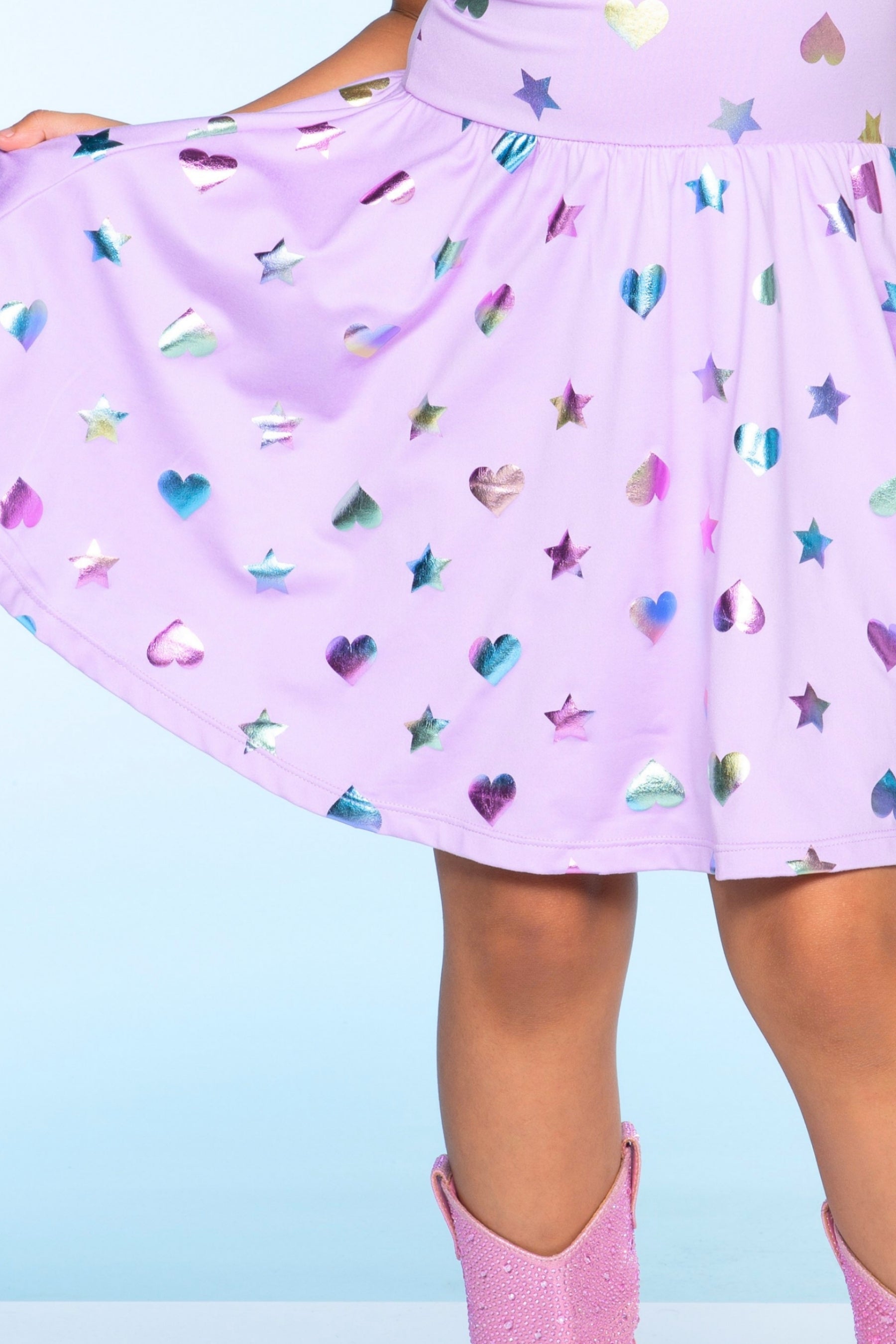 Simply Soft Flutter Sleeve Be Happy Dress - Lilac Rainbow Foil Hearts & Stars