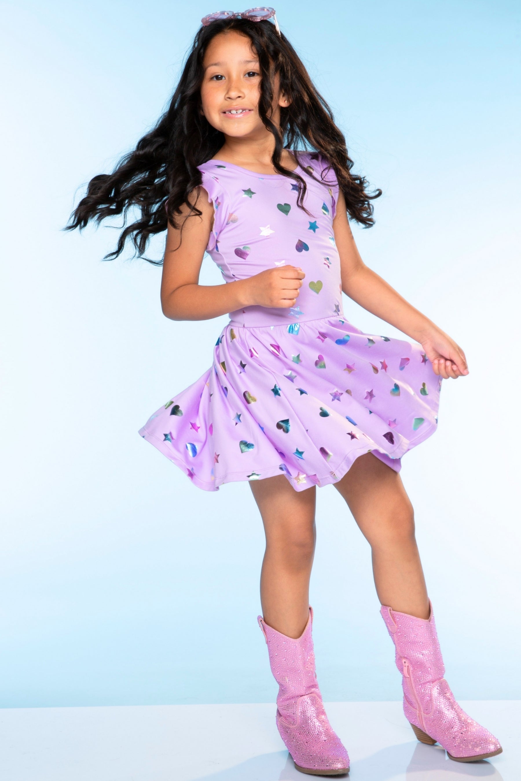Simply Soft Flutter Sleeve Be Happy Dress - Lilac Rainbow Foil Hearts & Stars